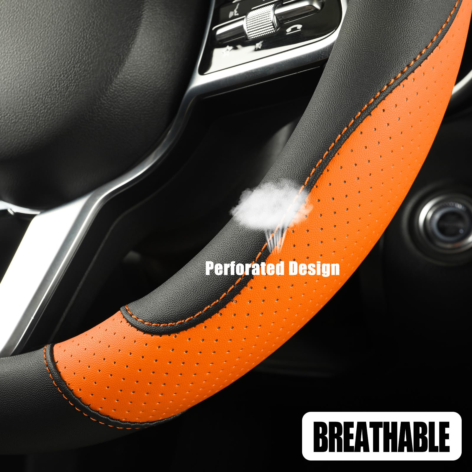 Binsheo Leather Steering Wheel Cover, Breathable, Anti Slip & Odor Free, Black And Orange