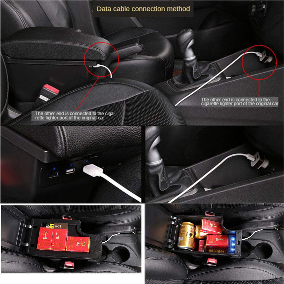 Yjywzh Armrest Box For Toyota Hilux Center Storage Box Organizer Interior Hand Centre Consoles With 3 Usb Port Arm Rest Double-Layer Black Accessories