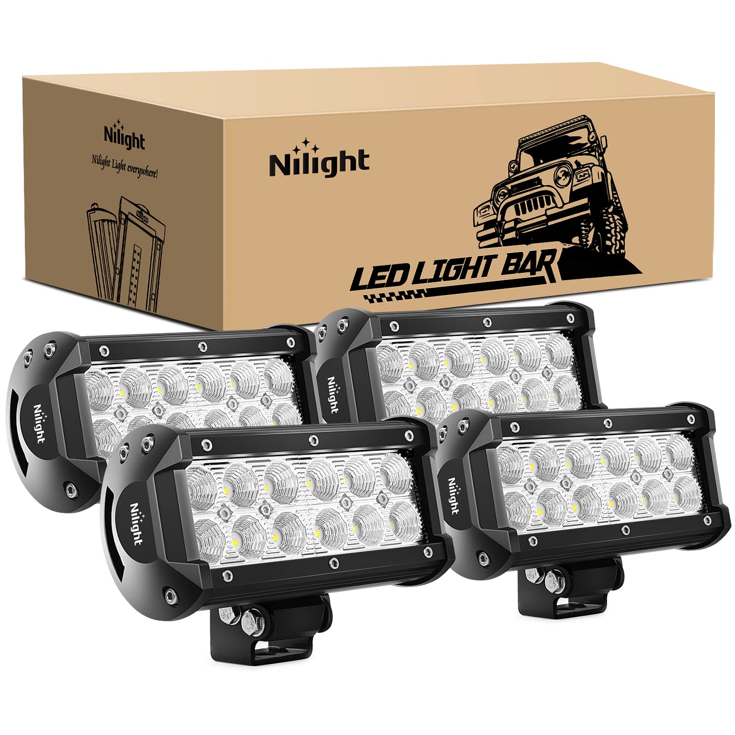 Nilight - 60002F-C 4Pcs 36W 6.5 Inch Flood Led Light Bar Off Road Lights Super Bright Driving Fog Light Boat Lights Driving Ligh