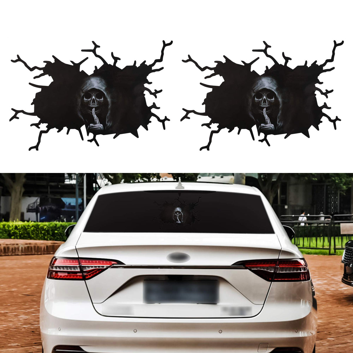 Tomall 2Pcs 11,4'' 3D Silent Skull Stickers For Car Halloween Theme Scary Grim Reaper Ghost Decal For Car Truck Window Windshiel