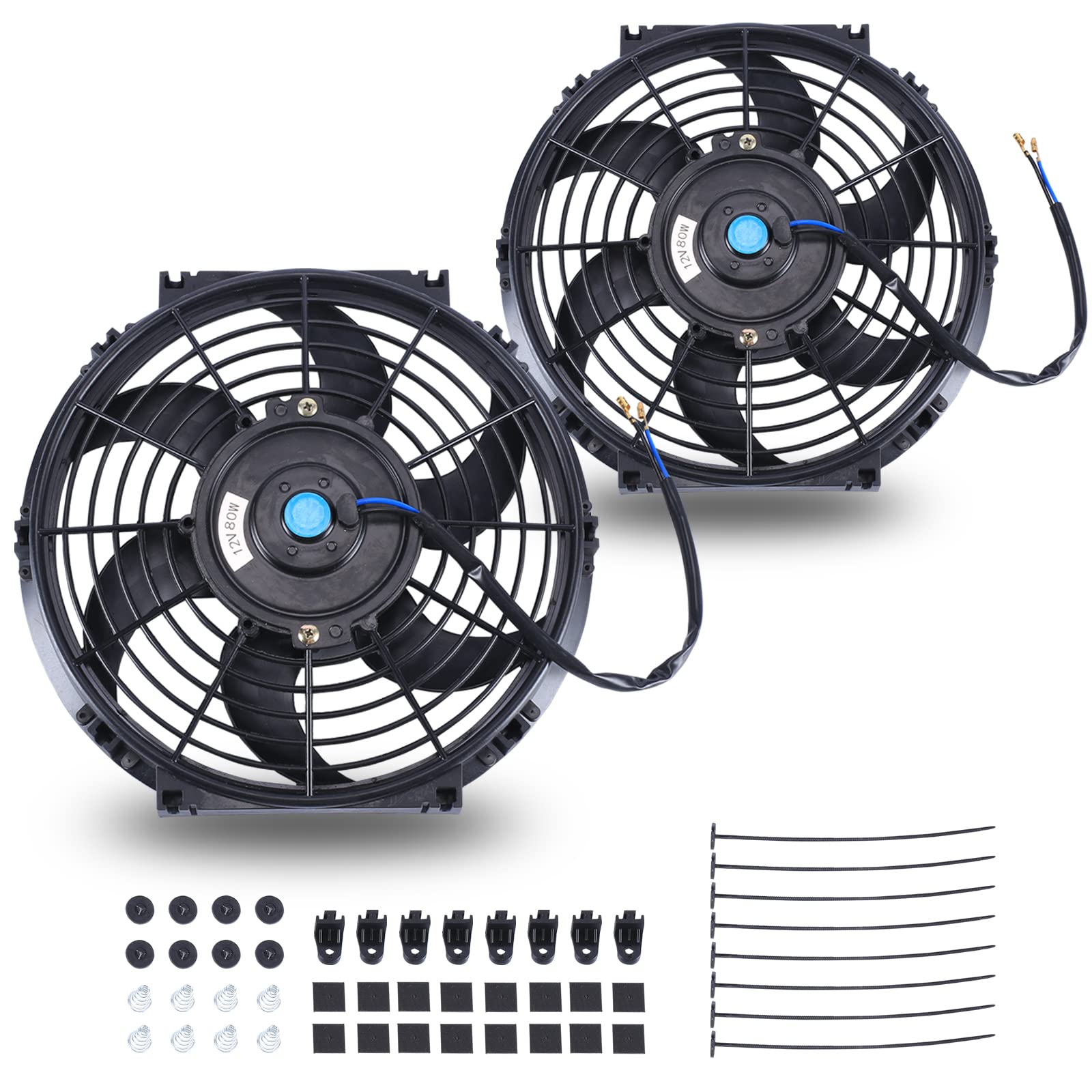 Fgjqefg 10 Inch Universal Slim Fan Push Pull Electric Radiator 12V 80W High Performance Cooling Fan Mount Kit Black 2 Pcs