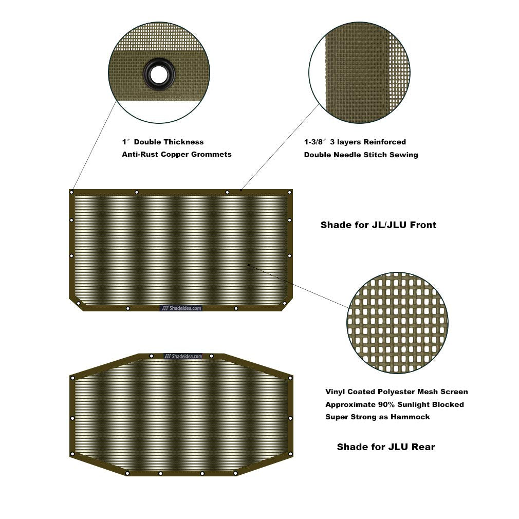 Shadeidea Sun Shade Top For Jeep Wrangler, Jl (2018-2023) 4 Door Top Sunshade, Front & Rear - Tank Green Jlu Mesh Screen Cover,