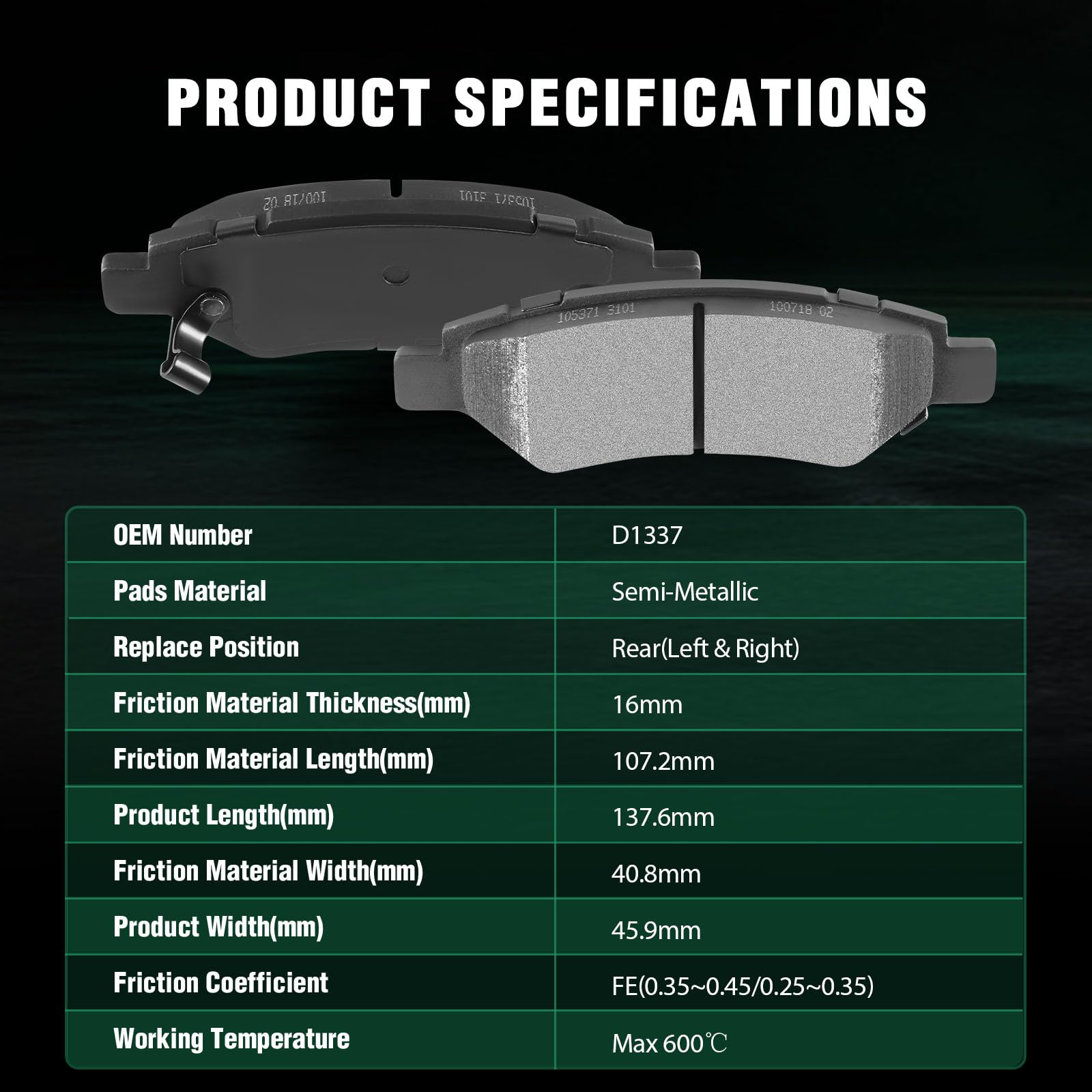 Automuto 4Pcs Rear Semi-Metallic Disc Brake Pads Set D1337 For Cadillac Cts 2008-2014,For Cadillac Srx 2010-2016,For Chevrolet C