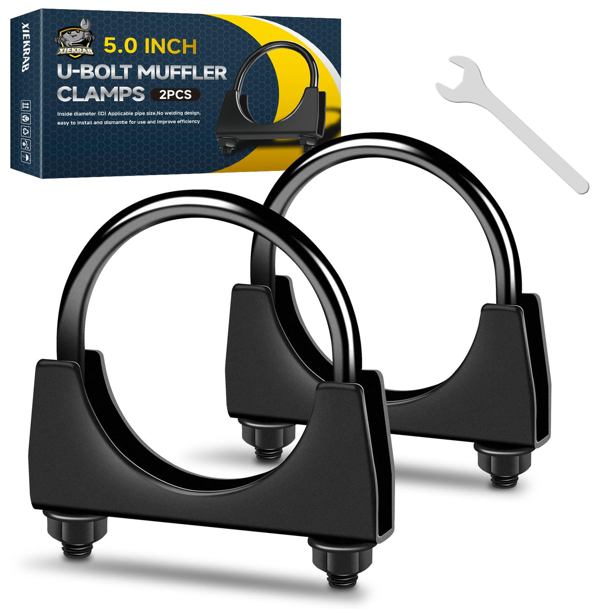 XIEKRAB 2Pcs Heavy-Duty 5.0 Inch Exhaust Clamps-Rust Proof Black Finish, Saddle-Style U-Bolt Clamps for Secure Pipe Connections