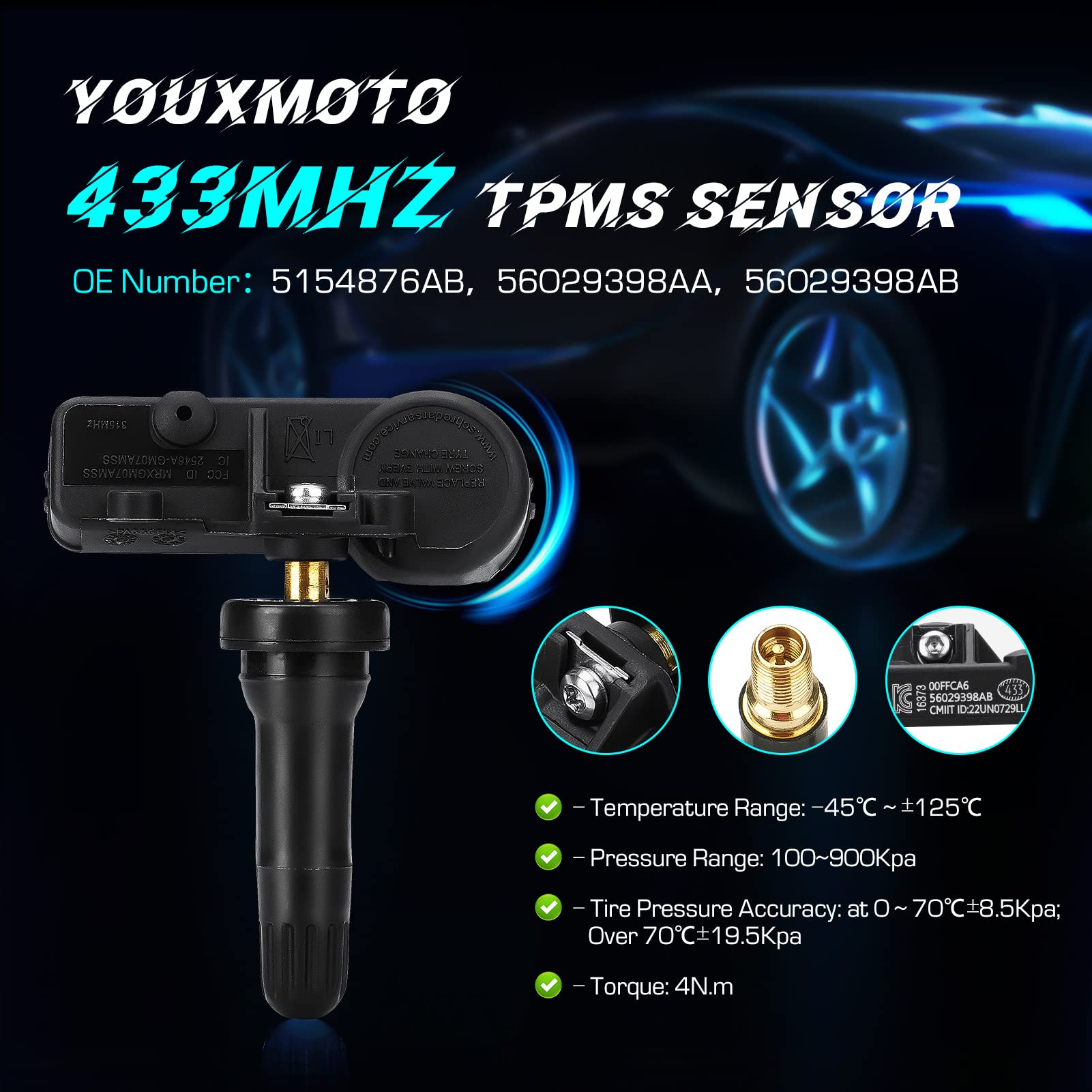 Youxmoto 56029398AB TPMS Tire Pressure Sensor 433MHz, Compatible with Jeep Grand Cherokee Wrangler, Dodge Charger Challenger Jou