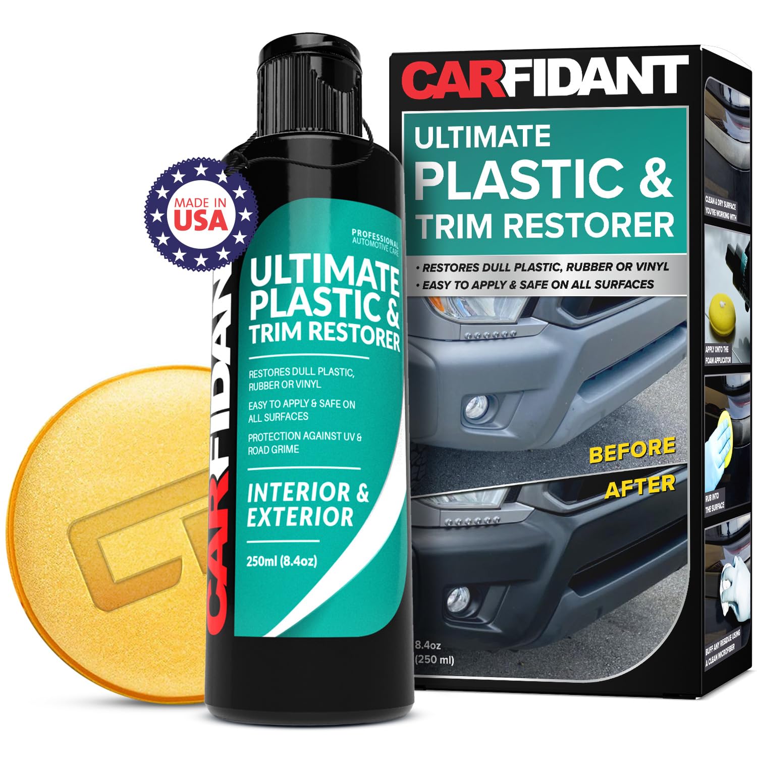 Carfidant Plastic Restorer For Cars - Refreshes Faded Plastic, Vinyl & Rubber Trim With Polish For Deep Shine - Protects Against