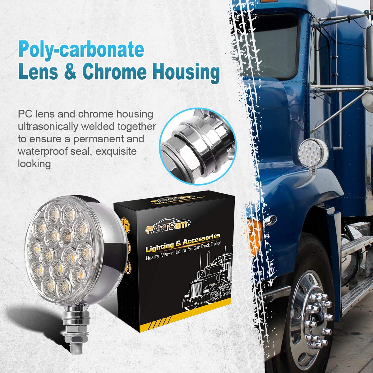 Partsam 2pc 3'' Red/Amber Double Face Chrome Round Pedestal Lights 30 LED Sealed Clear Lens Fender Mount Stop Turn Tail Lights R