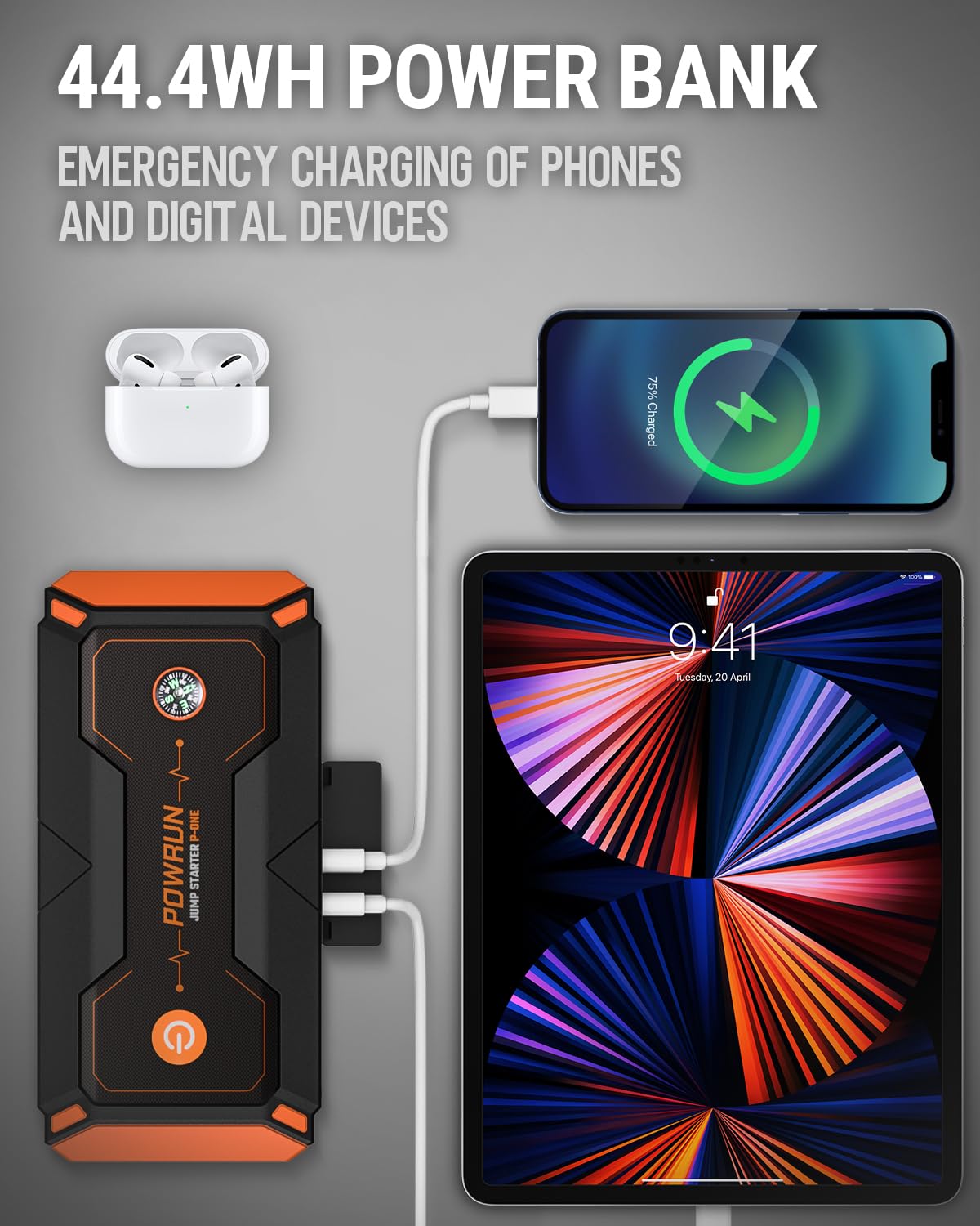 Powrun P-One Jump Starter, 2000A Portable Jump Box - Car Jump Starter Battery Pack For Up To 8.0L Gas And 6.5L Diesel Engines, 1