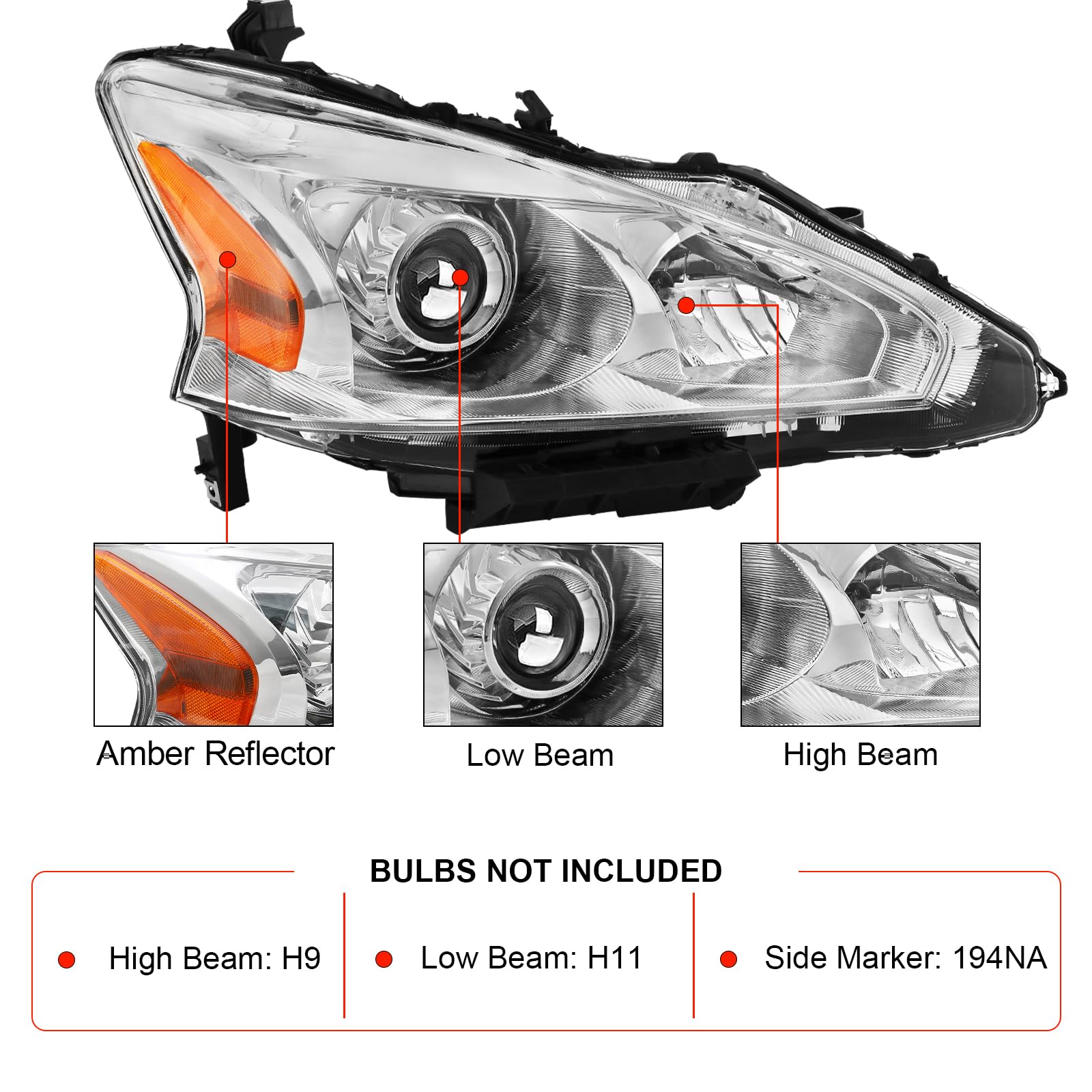 Alziria Headlight Assembly Compatible With 2013-2015 Nissan Altima S/Sl/Sv-Only Fit 4Door (Chrome Housing Amber Reflector)