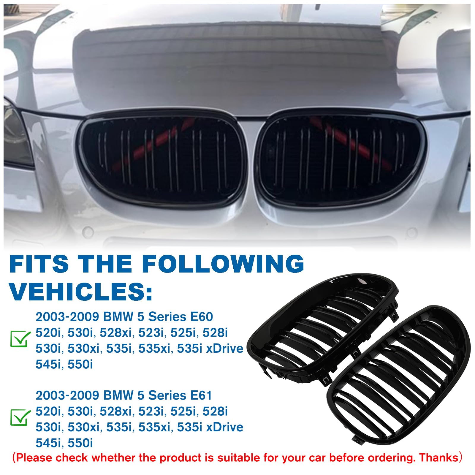 Billdio E60 Grille - Front Kidney Grille Double Slats Glossy Black Compatible With 2003-2009 Bmw 5 Series 520I 523I 525I 528I 53