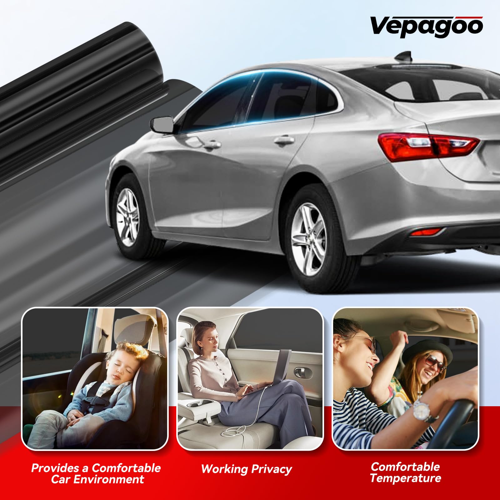 Vepagoo Nano Ceramic Car Window Tint Film 5% Vlt- 20'' In 20'Ft Privacy Window Tint, Blocks Uv/Ir Rays, Heat & Glare - Scratch R