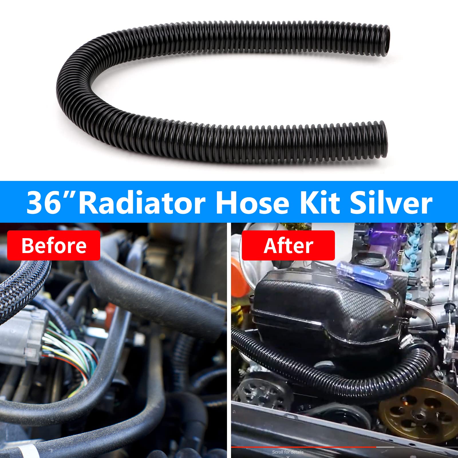 iRKY 36'' Stainless Steel Radiator Hose Flexible Universal Water Hoses Adapter Coolant Radiator Hose Kit With 2Pcs Chrome Caps S