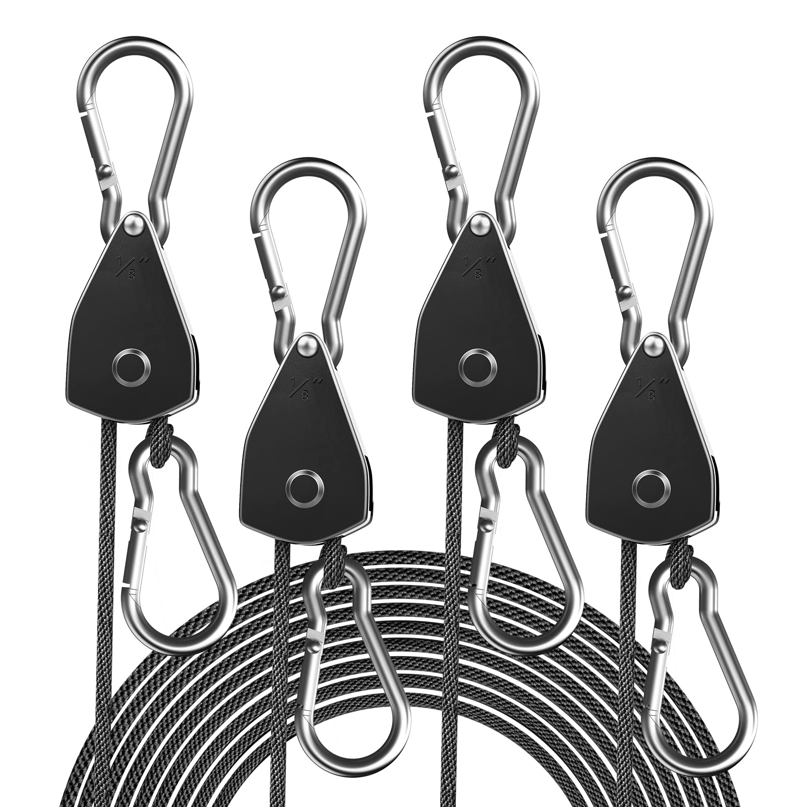 Staygrow 4-Pack 1/8' Adjustable Rope Hanger, Heavy Duty Ratchet Tie Down Strap With Reinforced Metal Gear, Ratcheting Pulley System Kayak Straps For Hanging Plants Grow Light And Various Tie-Down Uses