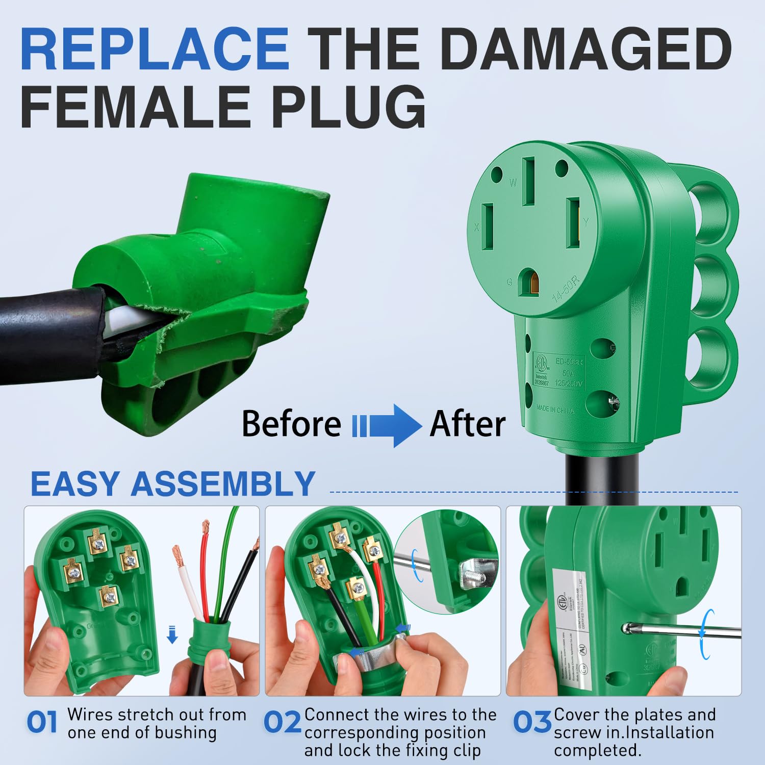 Nilight 50 Amp Rv Female Replacement Plug 125/250 Volt Heavy Duty Receptacle With Handle Etl Listed Nema 14-50R For Camper Carav