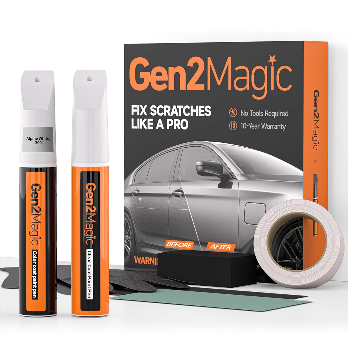 Gen2Magic Alpine White Touch Up Paint Pen Kit for BMW [Clear Coat Included], 300 Color Match for Scratches, Rock Chips, Bumper D