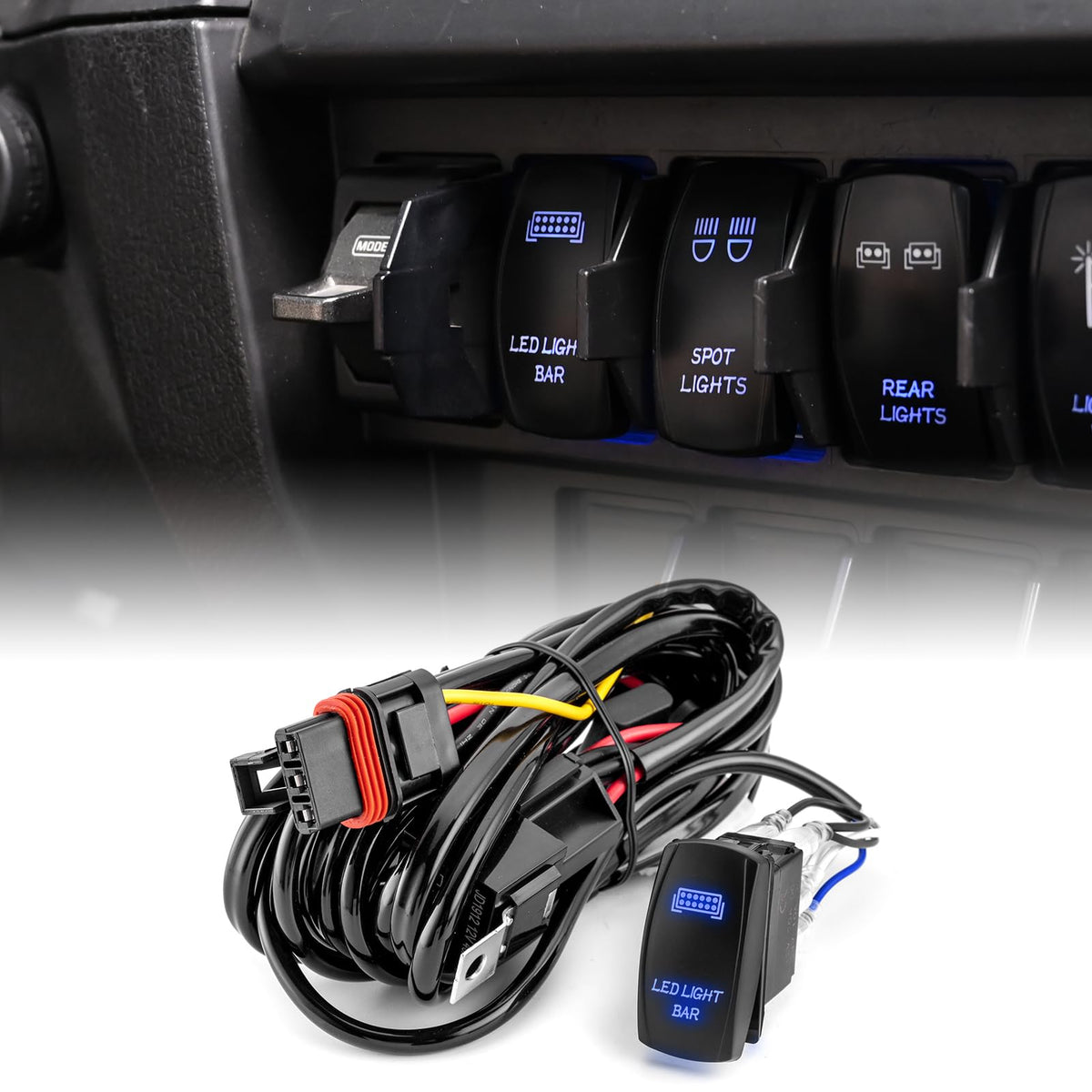 Weisen 300W Plug & Play Led Light Bar Wiring Harness Kit With Pulse Power Bar Plug Connector Relay Fuse, 14Awg 1 Lead 12V On Off Rocker Switch Compatible With Polaris Rzr General Ranger Pulse Bus Bar
