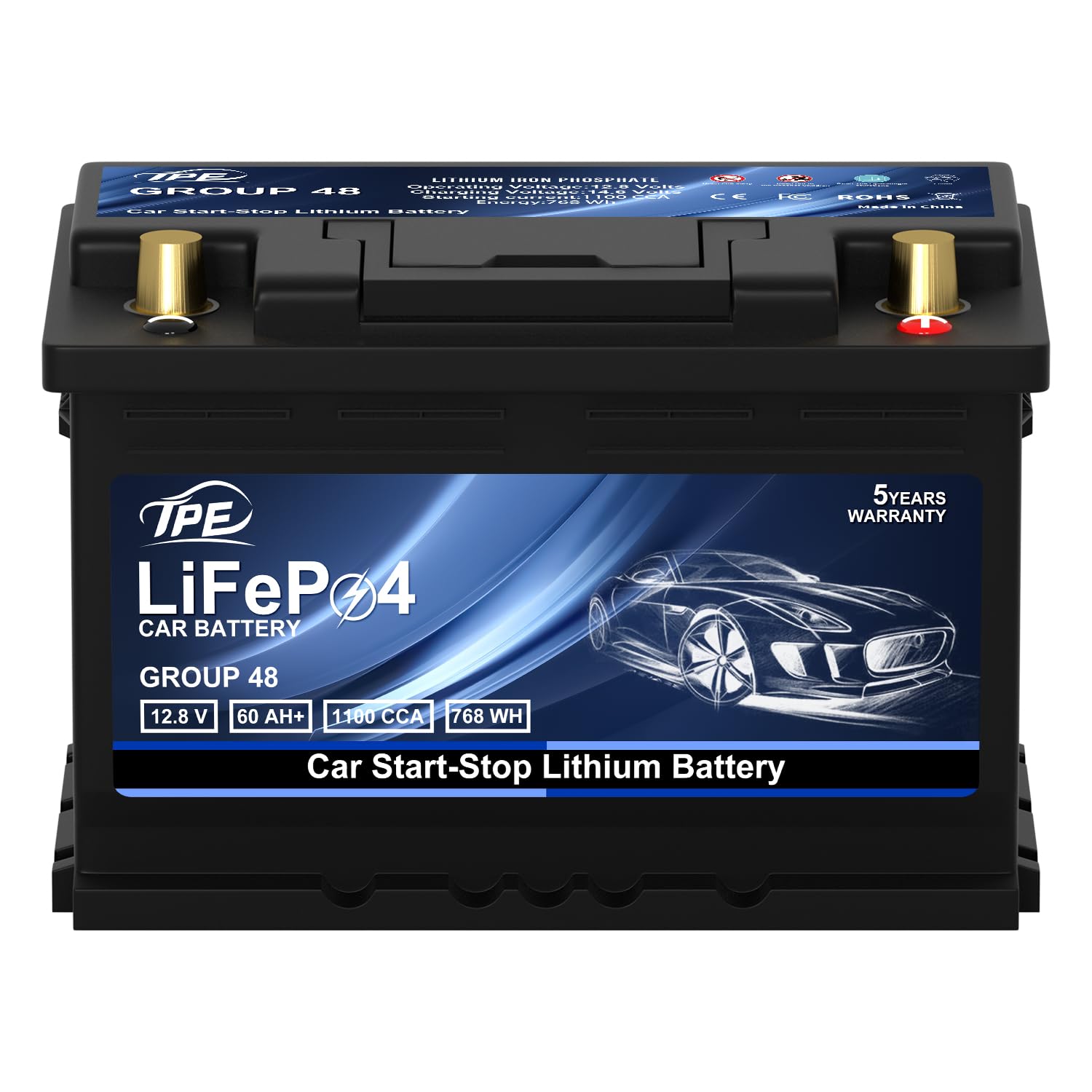 TPE Car Start-Stop Lithium Battery GROUP 48 12V 60AH Car Battery with 1100CCA - High-Performance Automotive Battery with 60 Mont