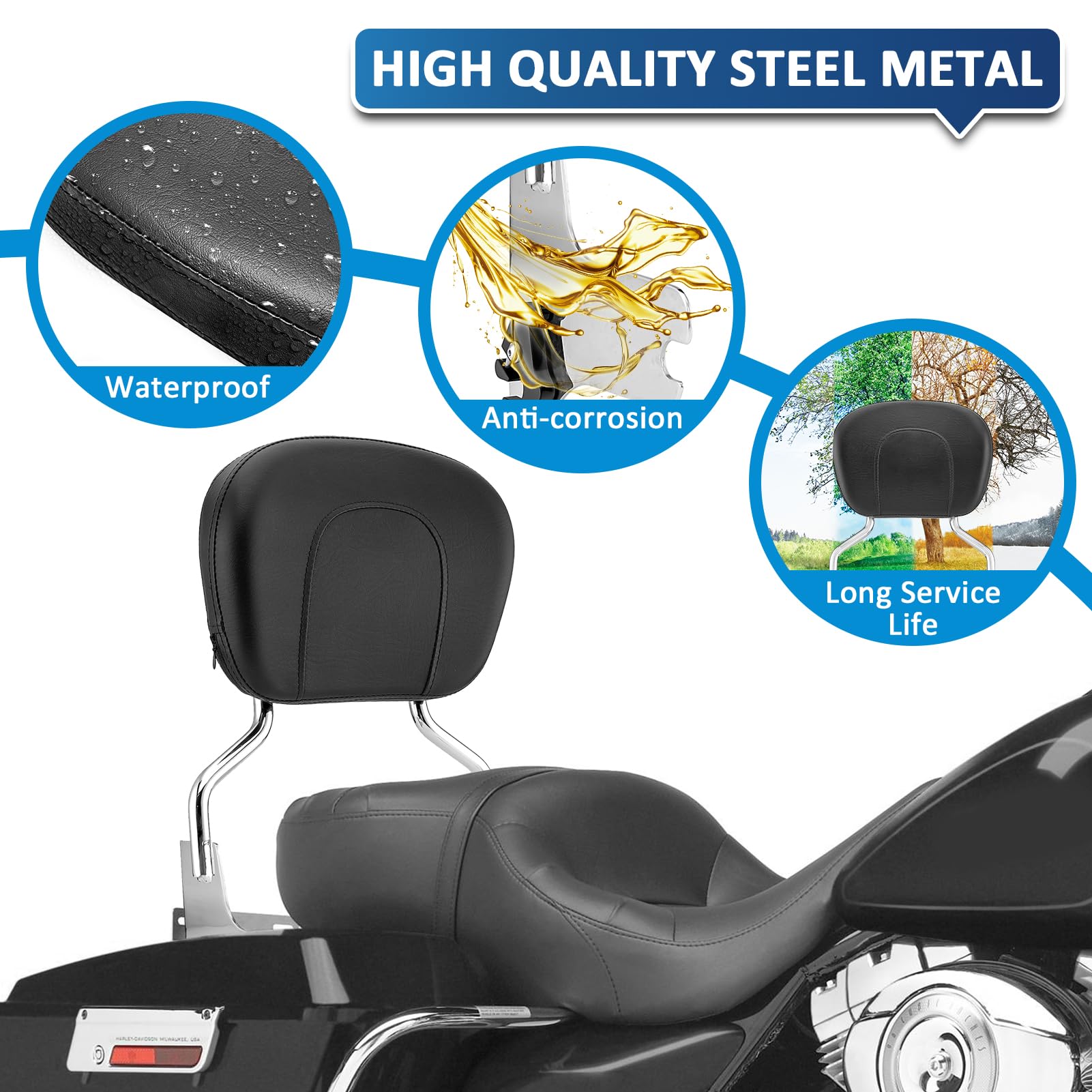 Asd Detachable Chrome Passenger Sissy Bar W/Backrest Pad & 4-Point Docking Hardware Kit Compatible With Harley Davidson 1997-200