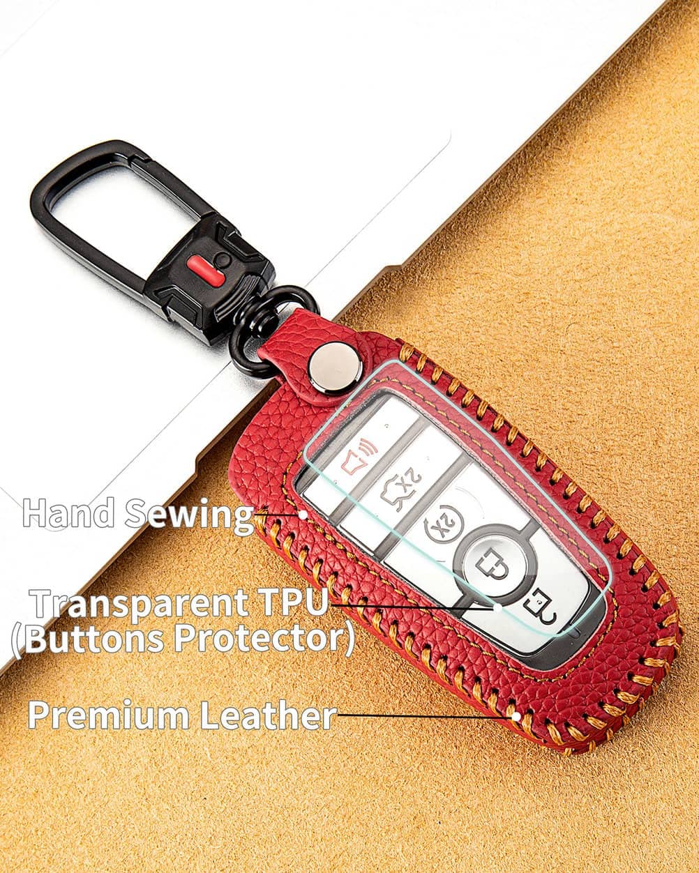 Yonufi For Ford Key Fob Cover With Keychain, Leather Keyless Entry Car Smart Key Case Protector Holder Compatible With 2017-2024