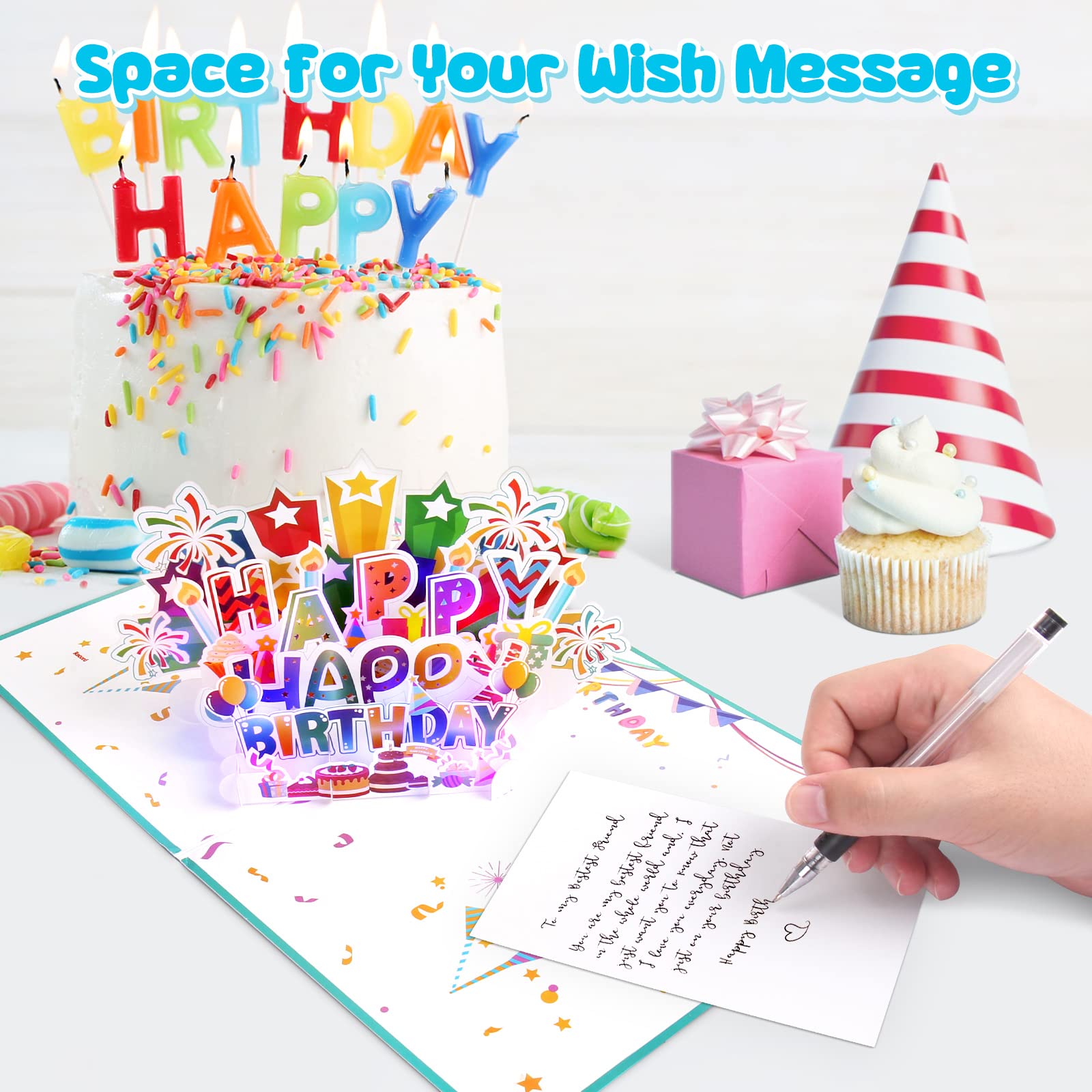 Inpher Large Birthday Card, 3D Pop Up Birthday Cards, Light And Music Happy Birthday Card, Musical Birthday Gift Greeting Card F