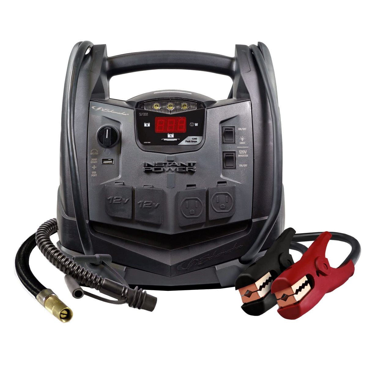 Schumacher Electric Sj1332 6-In-1 Portable Power Station And Jump Starter With 150-Psi Air Compressor And 200 Continuous/400 Peak Watt Power Inverter, 1200 Peak Amps, 12 Volts, Black, 1 Unit