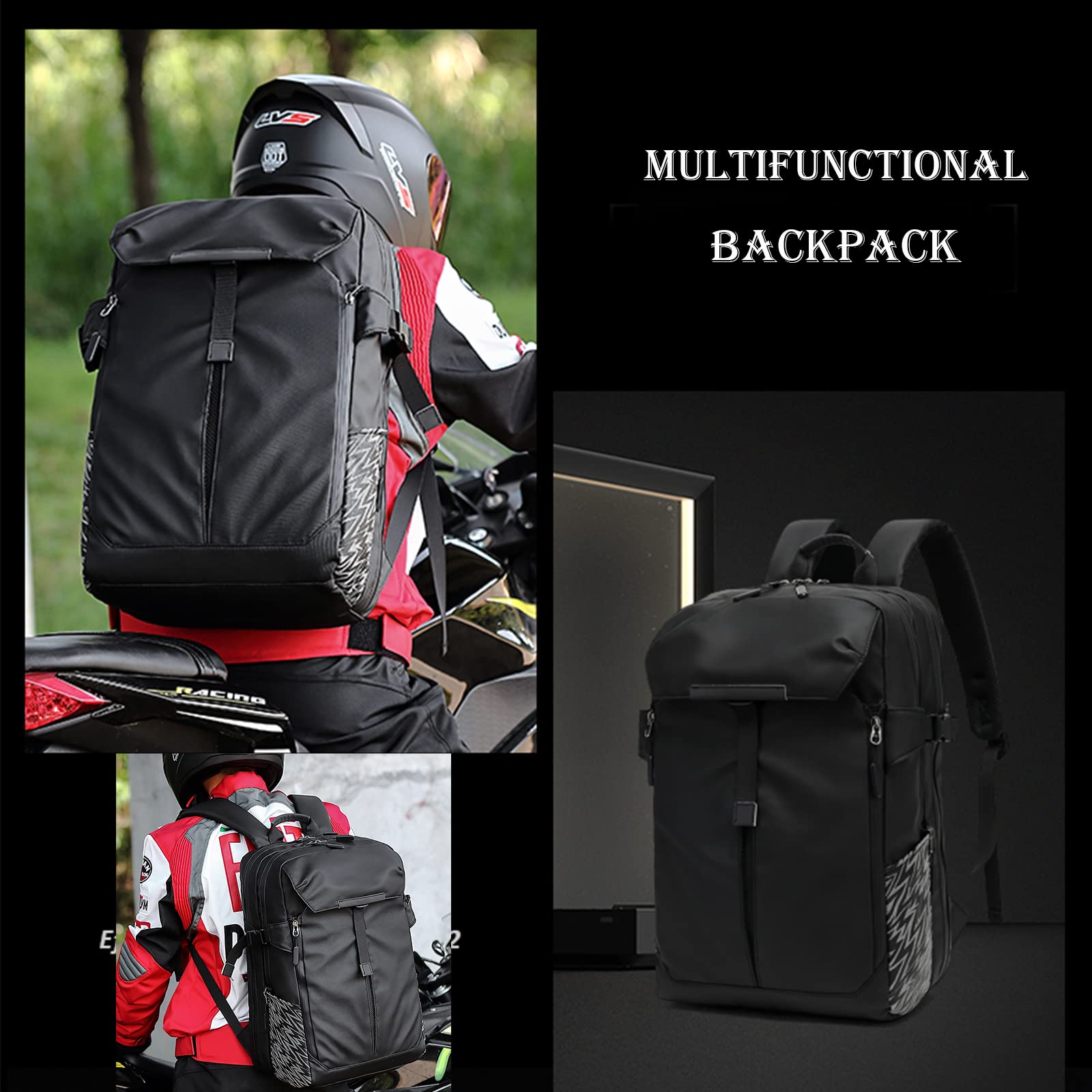 Mihunter Motorcycle Backpack, 17'' Laptop Compartment, High-Density Nylon, Adjustable Helmet Holder, Reflective, Waterproof For