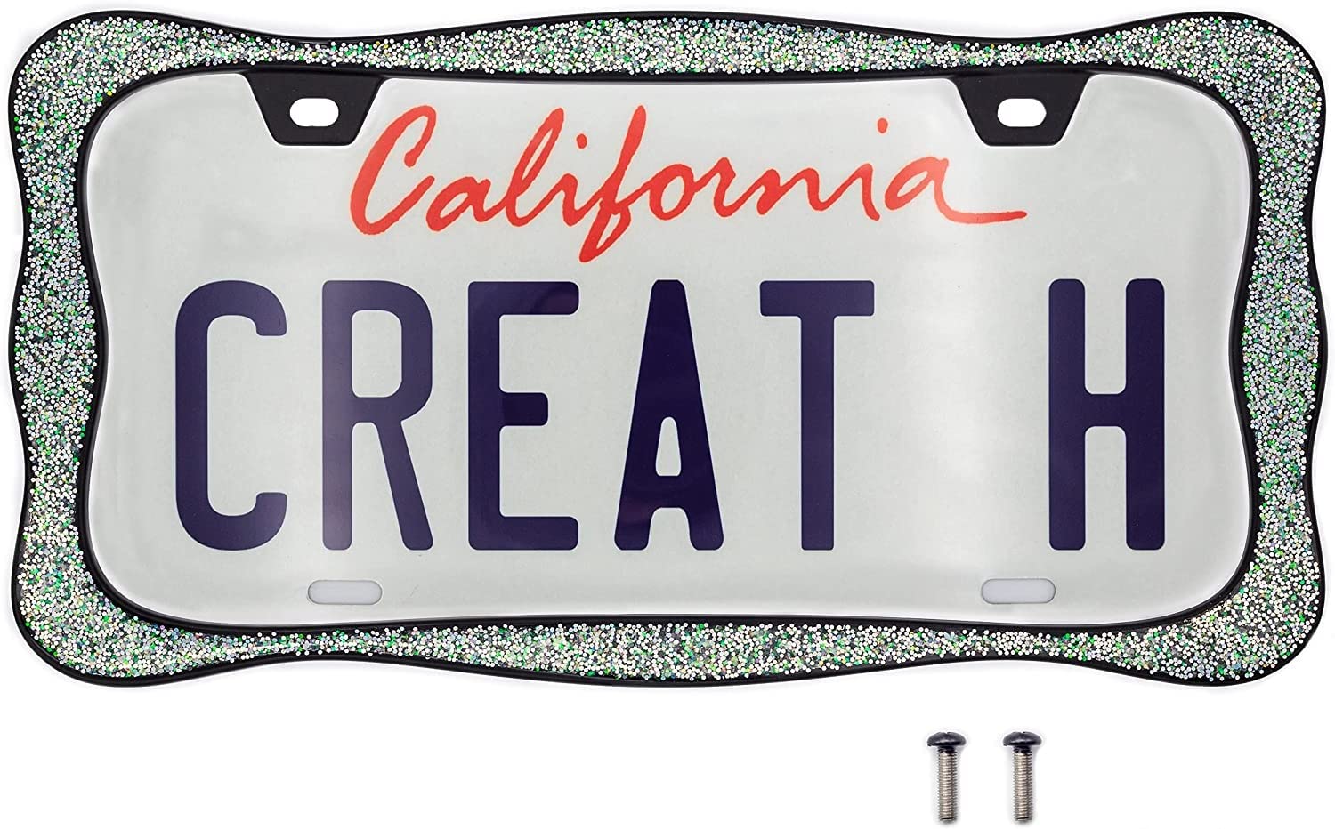 Creathome 3D Shining License Plate Frame, Black Powder Coated With Shining Sliver Chunky Gliter, Pure Zinc Alloy Metal