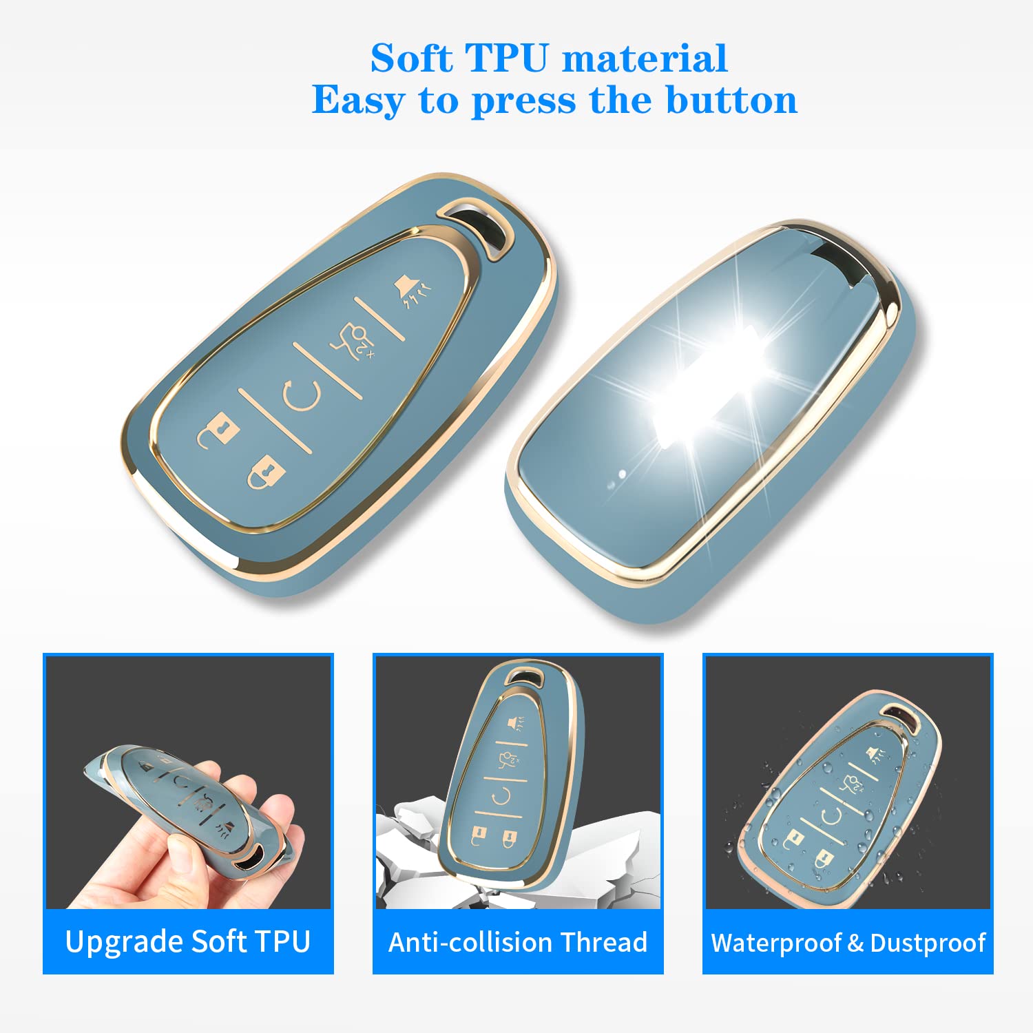 Qbuc For Chevy Key Fob Cover With Keychain Tpu Protector Suitable For Chevrolet Equinox Malibu Traverse Blazer Camaro Impala Cruze Volt Bolt Sonic Trax Tahoe Key Shell Remote Holder(Blue)