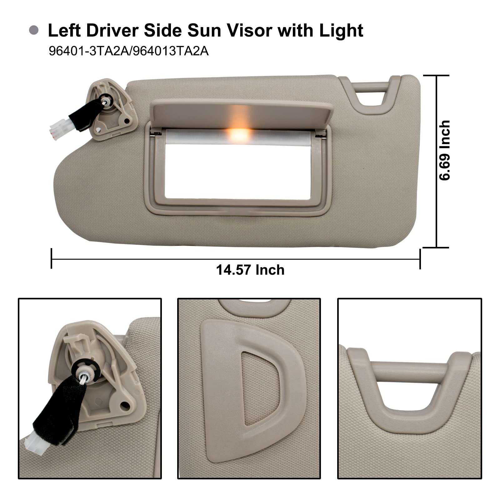 Nhiles Left Driver Side Sun Visor Compatible With Nissan Altima 2013 2014 2015 2016 2017 2018 With Light, Without Sunroof 96401-