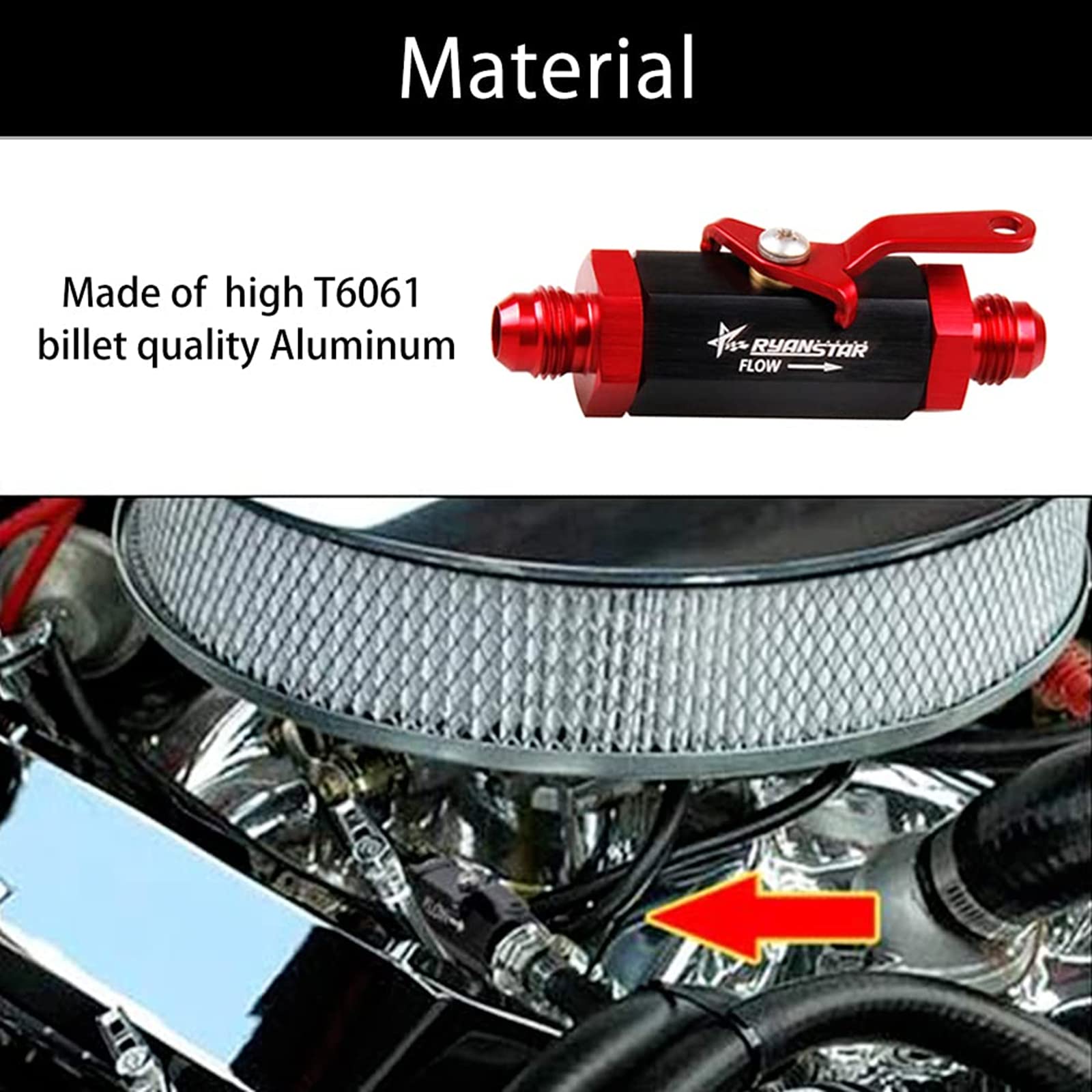 Ryanstar AN6 Fuel Shut Off Valve 6AN to 6AN Male Fitting Aluminum Anodized Black&Red