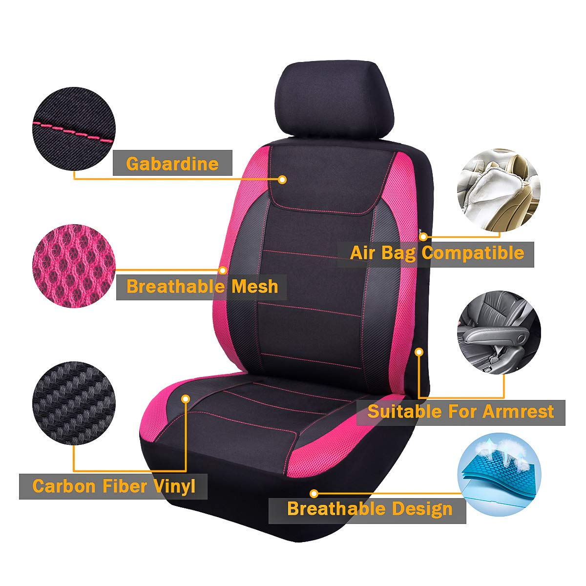 Flying Banner Car Seat Covers Quality Carbon Fiber Faux Leather Mesh Fabric Sport Low High Back Bucket Back Pocket Arm Rest Car Suv Truck Pick Up (2 Fronts - Low Bucket, Pink)