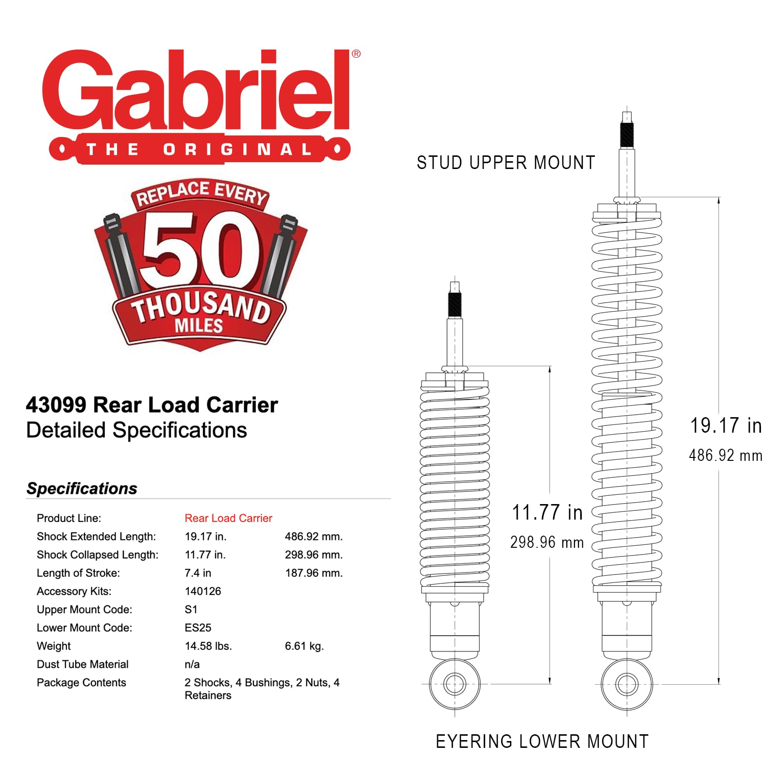 Gabriel 43099 Load Carrier Rear Towing Shock Absorbers For Ford F-100, F-150, F-250, F-350, E-100 Econoline, E-150, Bronco; Chev