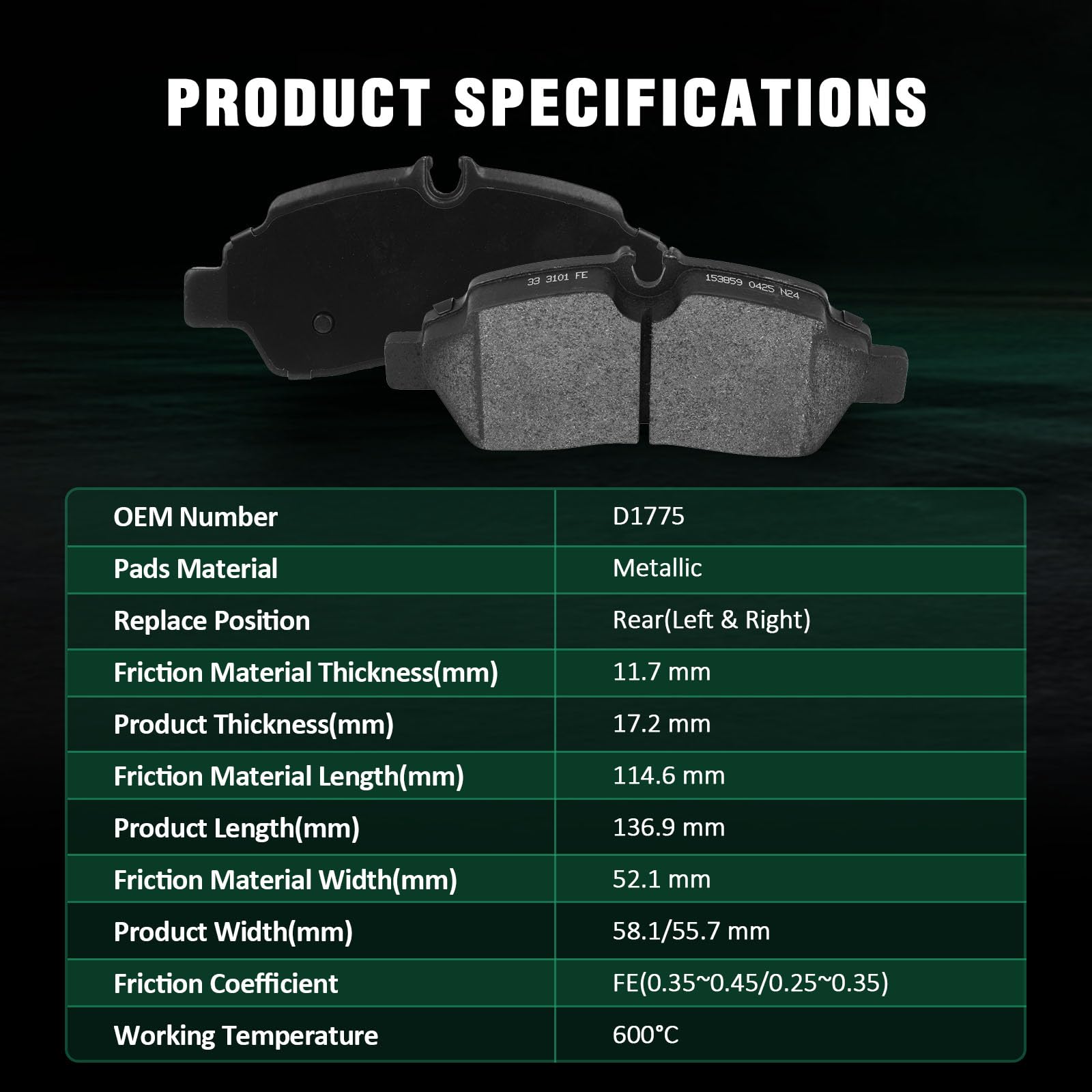 Automuto 4Pcs Rear Metallic Brake Pads Set D1775 For Ford Transit 2015-2022