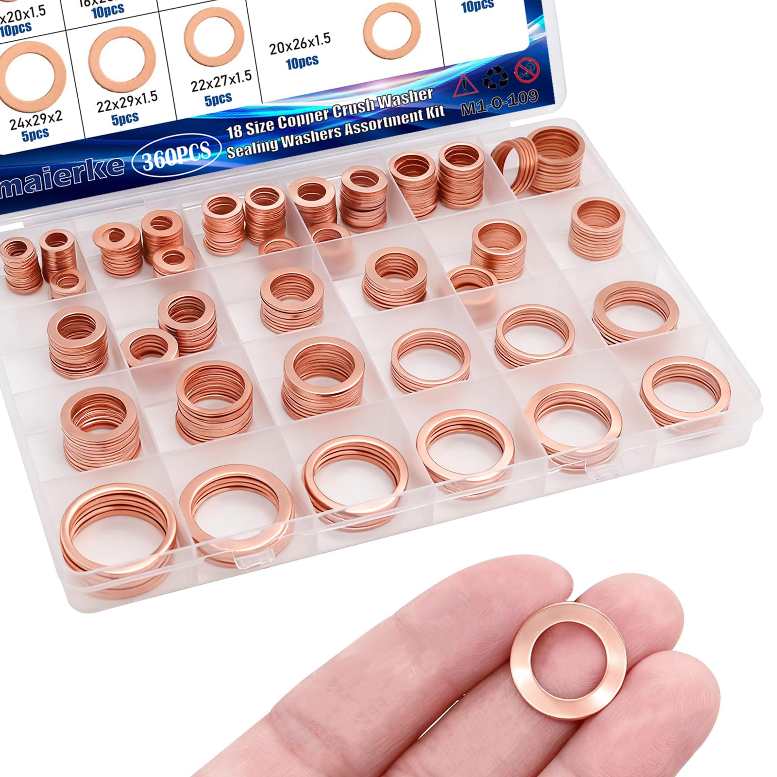 maierke 360PCS Crush Washer Oil Drain Plug,18 Sizes Copper Oil Drain Plug Gasket Assortment,Automotive Engine Crush Washers (M6 
