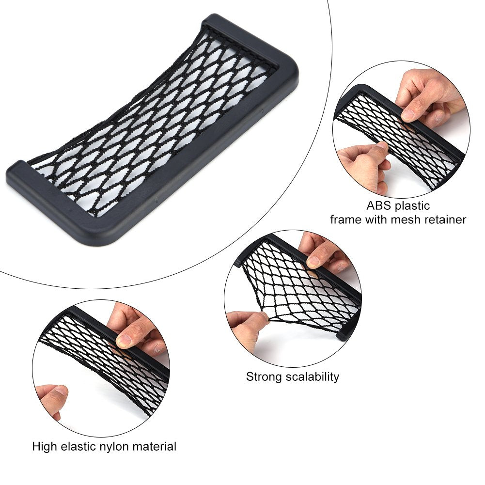 2Pcs Black Storage Network Mesh Bag, Car Trunk String Bag Storage Net Pocket, Nylon Elastic Nets Sticky Bag Holder Organizer For Phones,Charge, Cigarettes, 20 × 8.5Cm