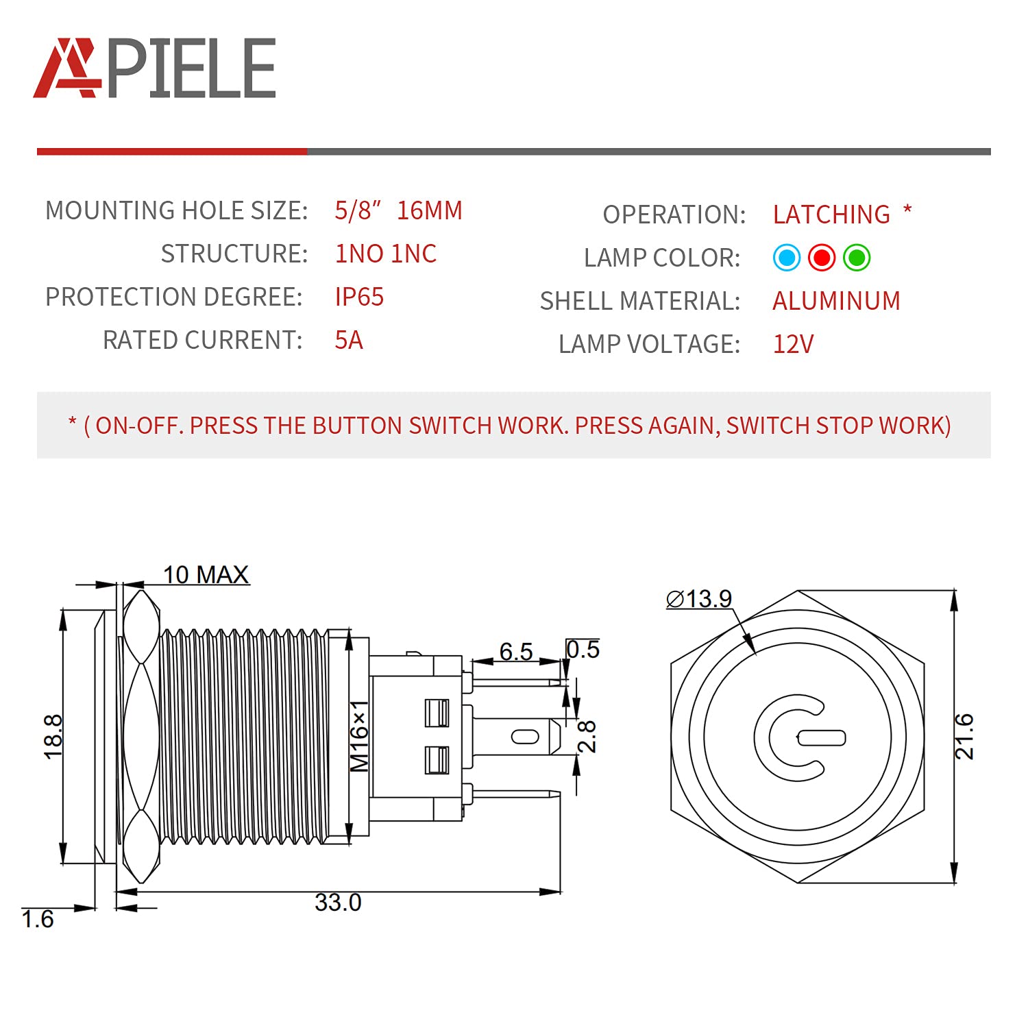 Apiele 16Mm Latching Push Button Switch 0.63'' 12V Power Symbol Ring Led Car Metal With Socket Plug 1No1Nc Spdt On/Off (Red/Blac