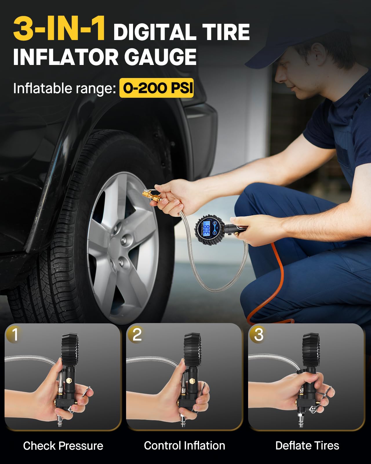 Vondior Digital Tire Inflator With Pressure Gauge 200 Psi - Large 2 '' Digital Dial, Heavy Duty Air Chuck And Compressor Accesso