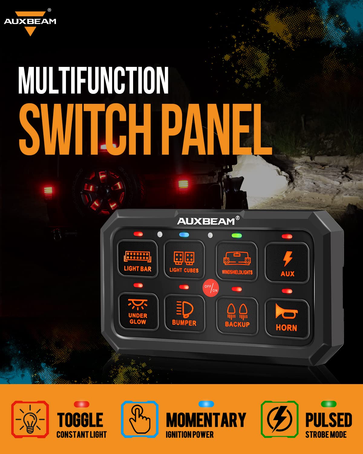 Auxbeam Switch Panel Rgb 5 Inch Large 8 Gang Switch Panel Ra80 Xl, Toggle Momentary Pulsed 12V Switch Panel For Car Truck Suv Rv Camper Van Offroad Accessories Auxiliary Switch Panel, 2 Years Warranty