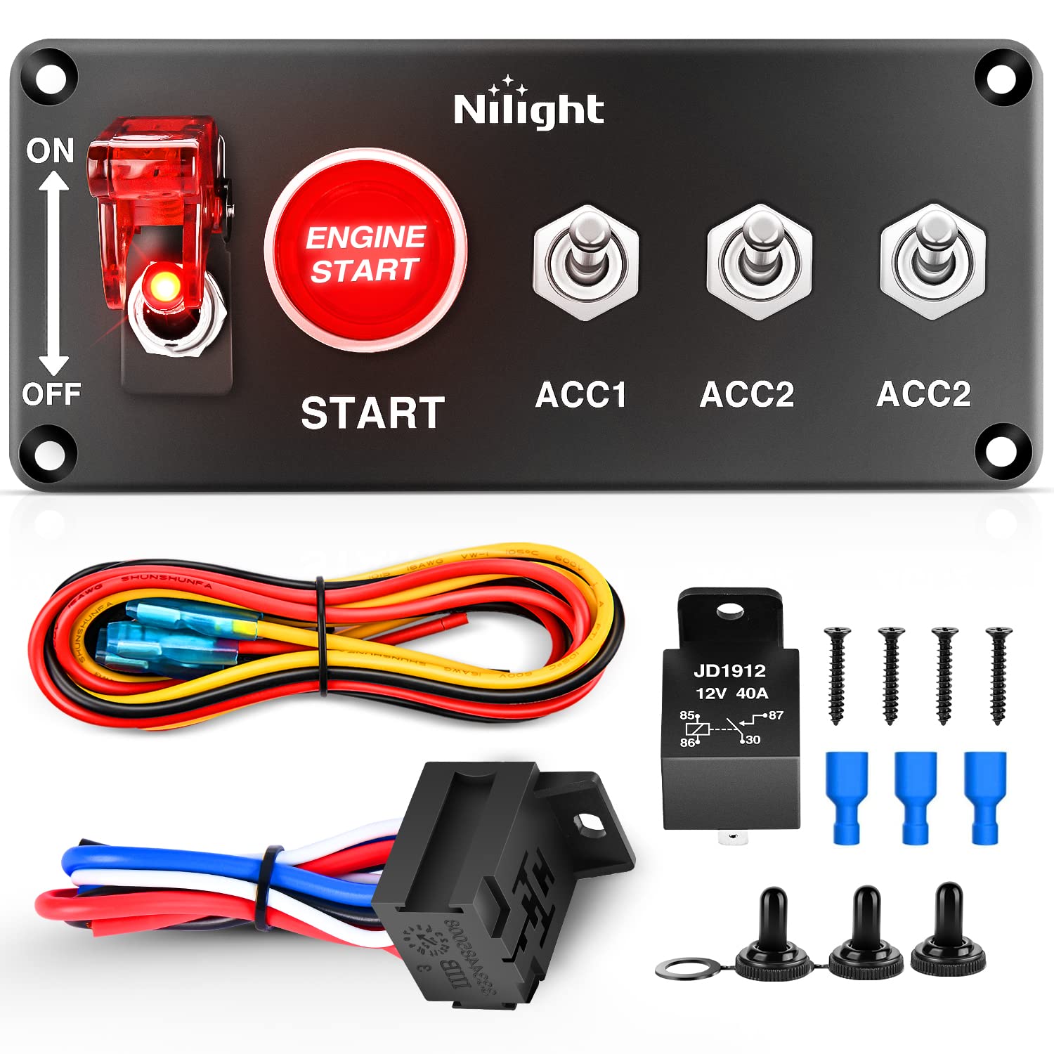 Nilight Ignition Rocker Switch Panel 12V 5 In 1 With Engine Push Button Toggle Switches With Relay Wiring Harness Led For Rv Tru