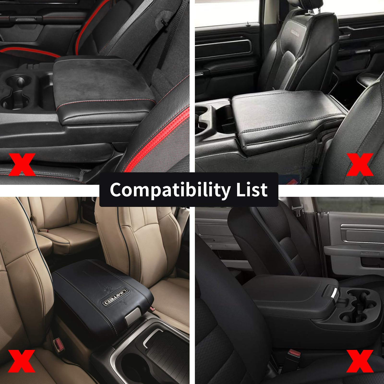 Giant Panda Custom Fit Center Console Cover For Dodge Ram 2009-2023 With Bucket Console- Waterproof Faux Leather Armrest Center