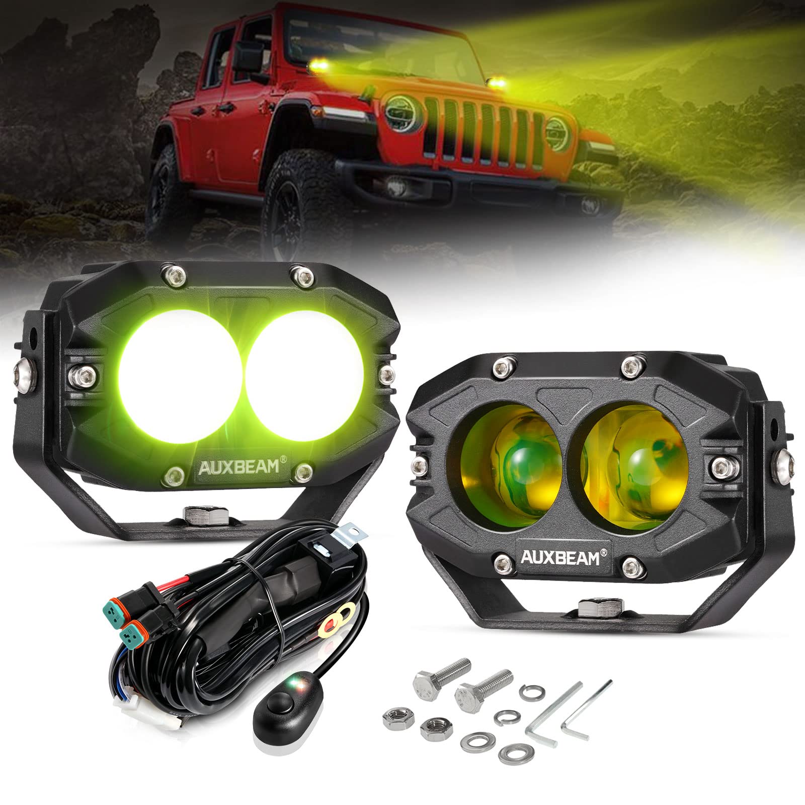 Auxbeam 4 Inch Amber Fog Light, 60W Square Pod With 5050 Led Yellow Spot Lens Beam Offroad Driving For Jeep Motorcycle Suv Truck