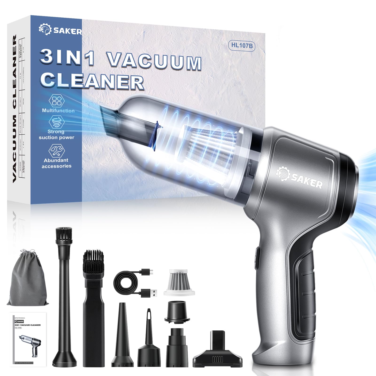 Saker Car Vacuum Portable Cordless 3 In 1 Handheld Car Vacuum 15000Pa High Power With Brushless Motor And Typec For Car,Office,Home Cleaning Hl107B