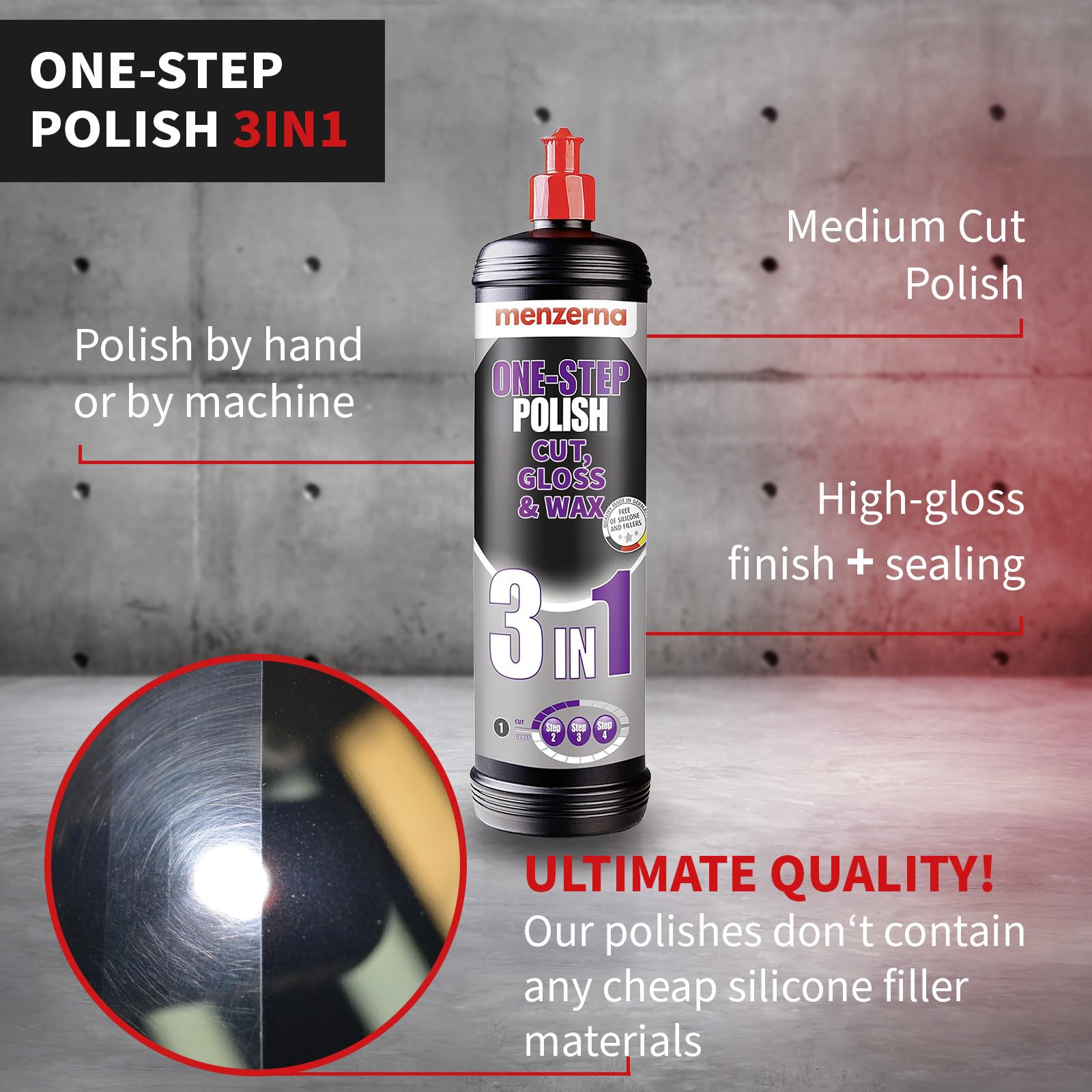 menzerna ''One-Step Polish 3in1'' I Medium Cut Polish with High Gloss Finish & Seal in One I Buffing & Polishing Compound for Ca