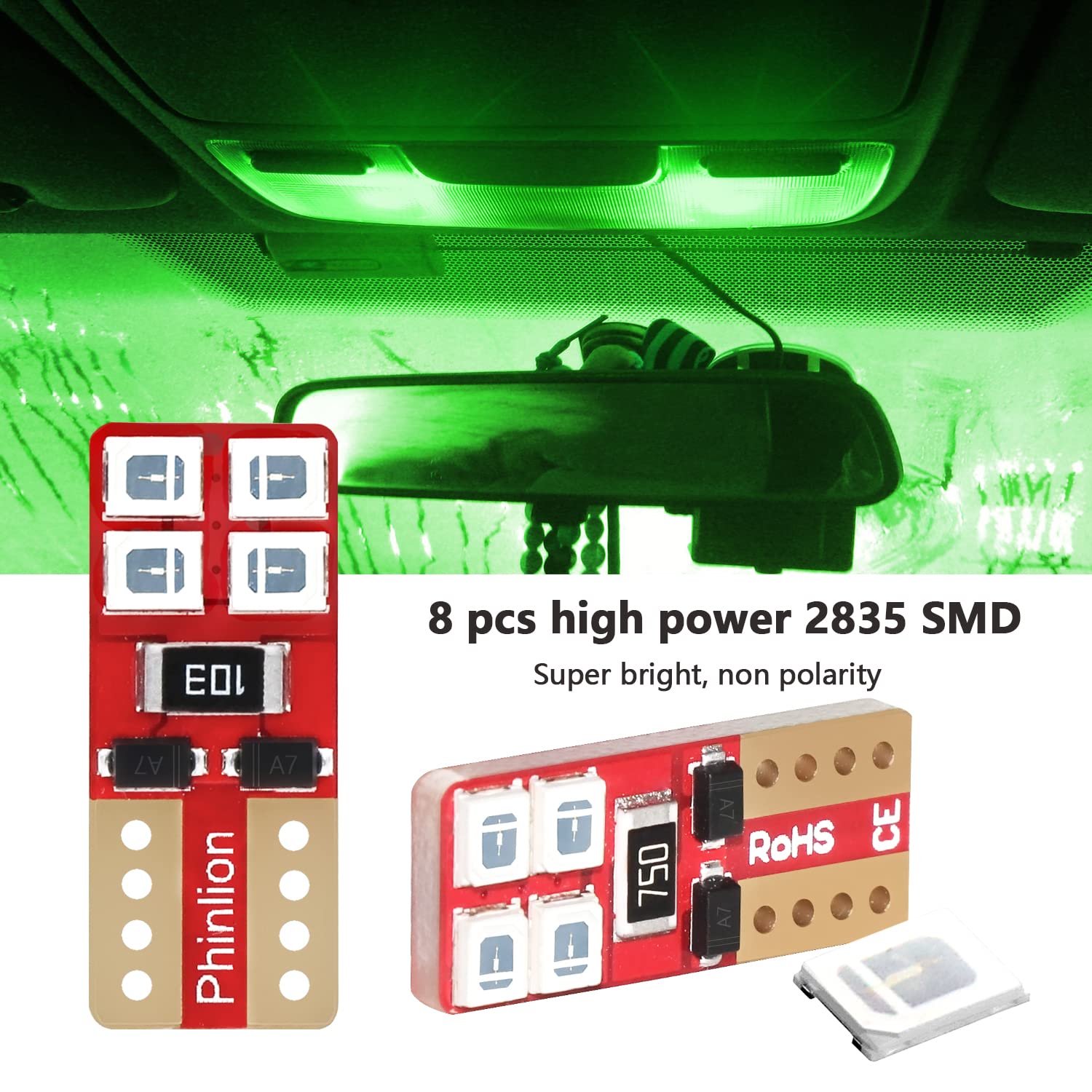 Phinlion 168 194 Green Led Bulb Super Bright Wedge 2825 175 T10 8-Smd Chipsets Led Replacement Bulbs For Car Interior Dome Map D