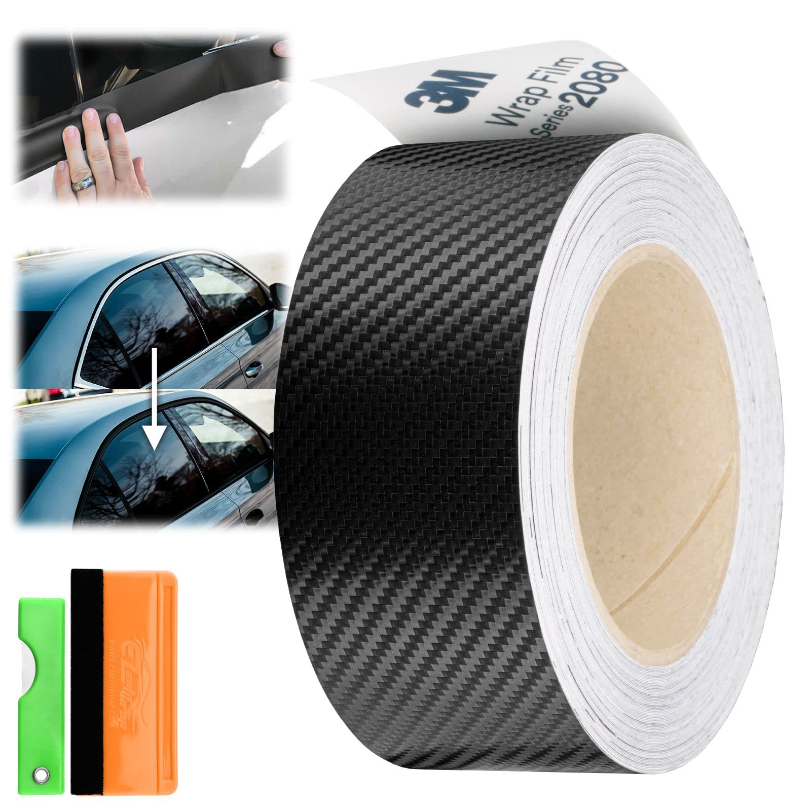 4 Inches X 25 Feet 3M 1080 2080 Carbon Fiber Black Vinyl Wrap Kit For Black Out Chrome Delete Window Trim Door Trim Free Tool Ki