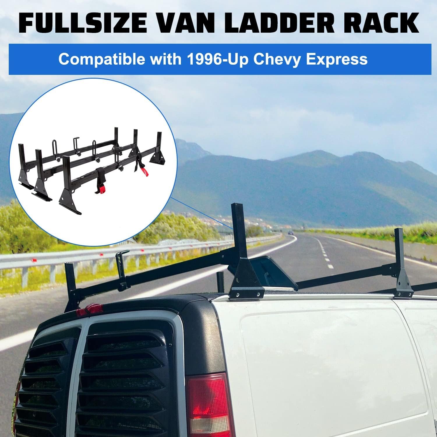 Ecotric Van Ladder Racks 3 Bar Roof Racks 59 Inches Compatible With 1996-Up Chevy Express Fullsize 800 Lbs Capacity Steel Black