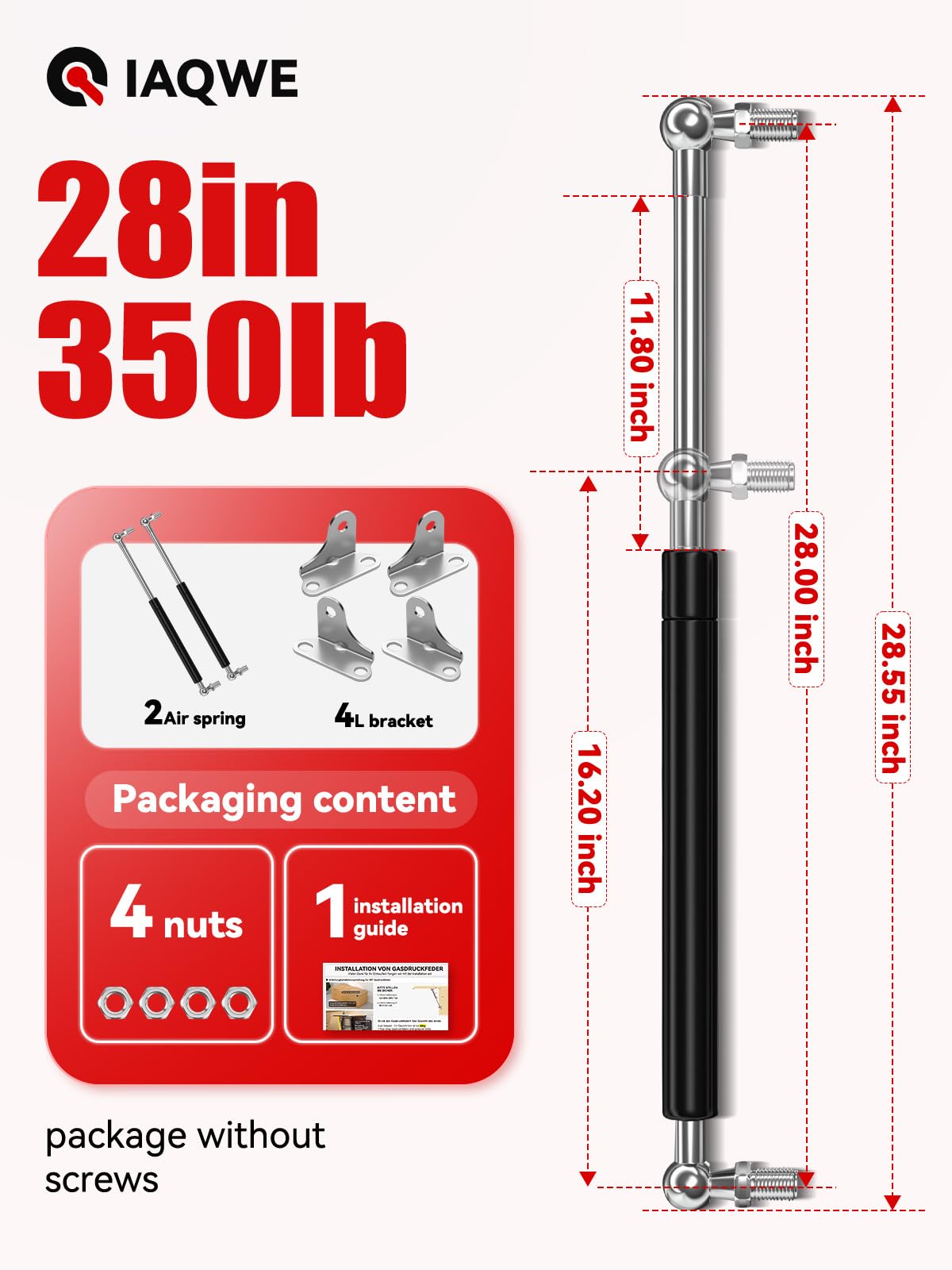 Iaqwe 28 Inch Gas Struts Shock 350Lb/1557N Lift Support With L-Type Mounts For Boat Cover Rv Bed Storage Heavy Duty Toolbox Lid