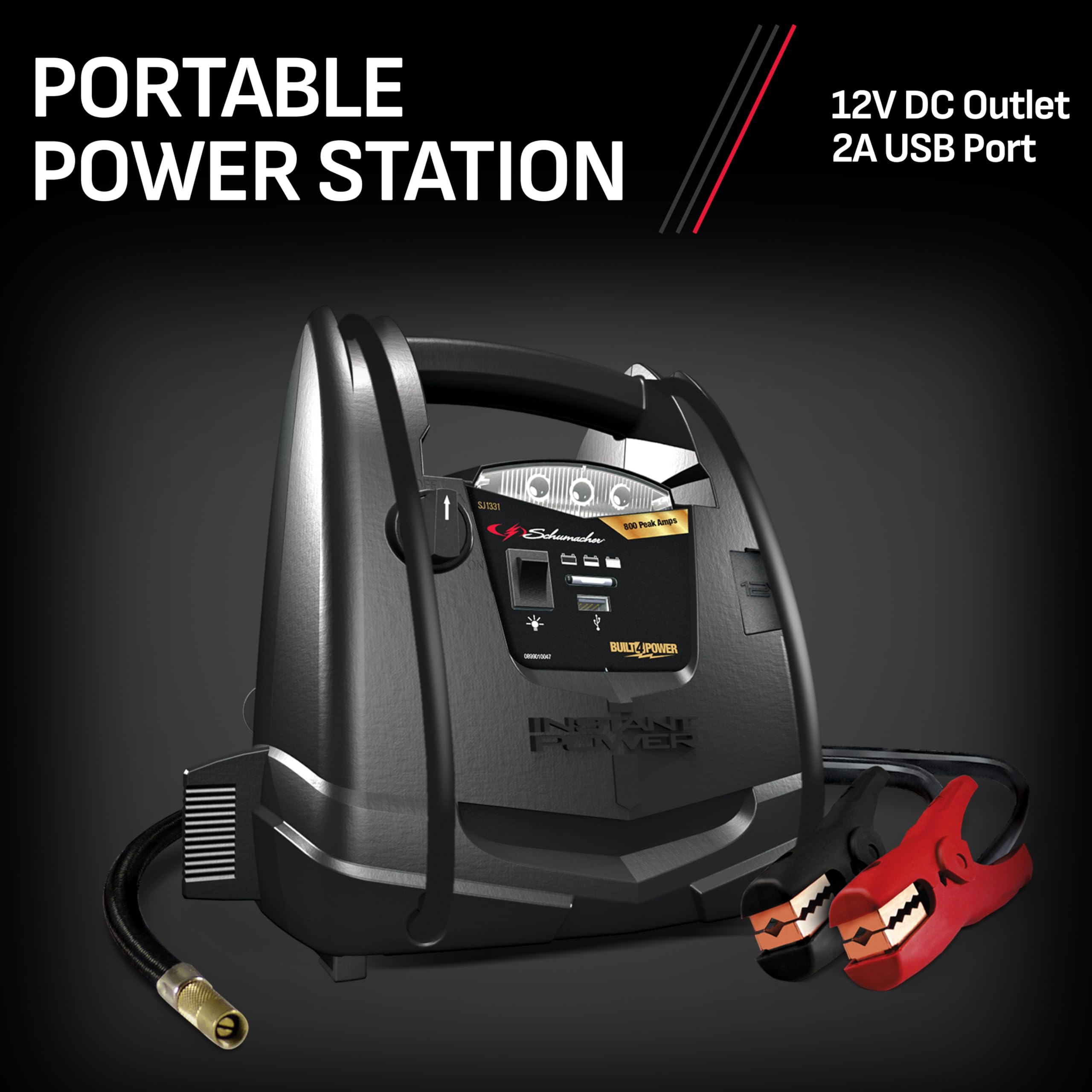 Schumacher SJ1331 Rechargeable AGM Jump Starter - 800 Amps, Air Compressor, 12V DC/USB Power Station for Gas/Diesel Vehicles