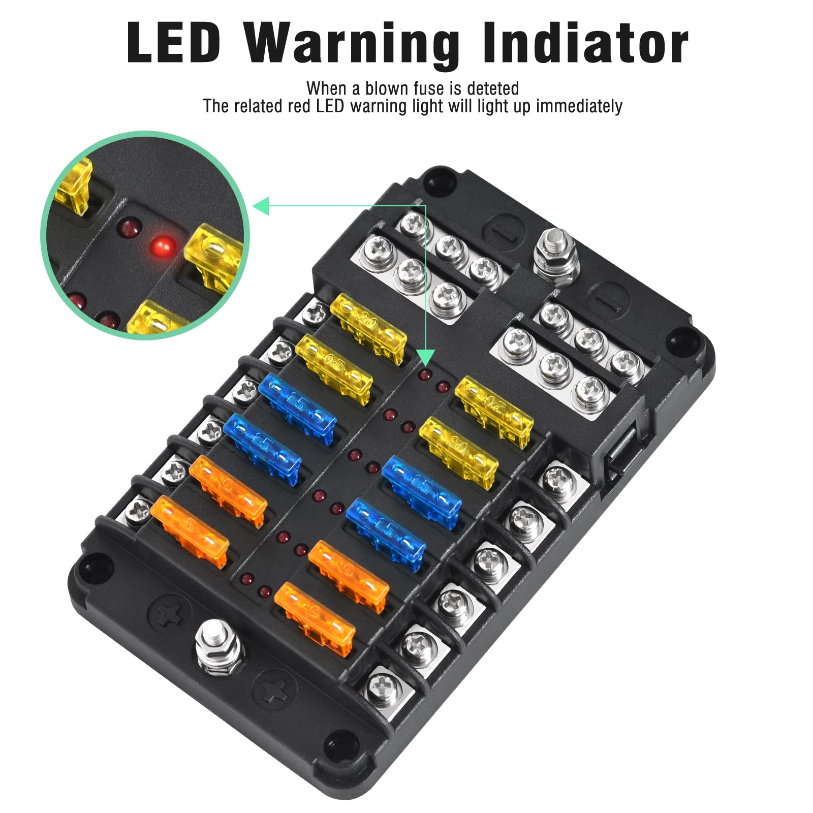 12-Way Marine Fuse Block,Waterproof 12V Fuse Block With Led Indicator For 12V/24V Automotive Golf Cart Truck Car Boat Marine Rv