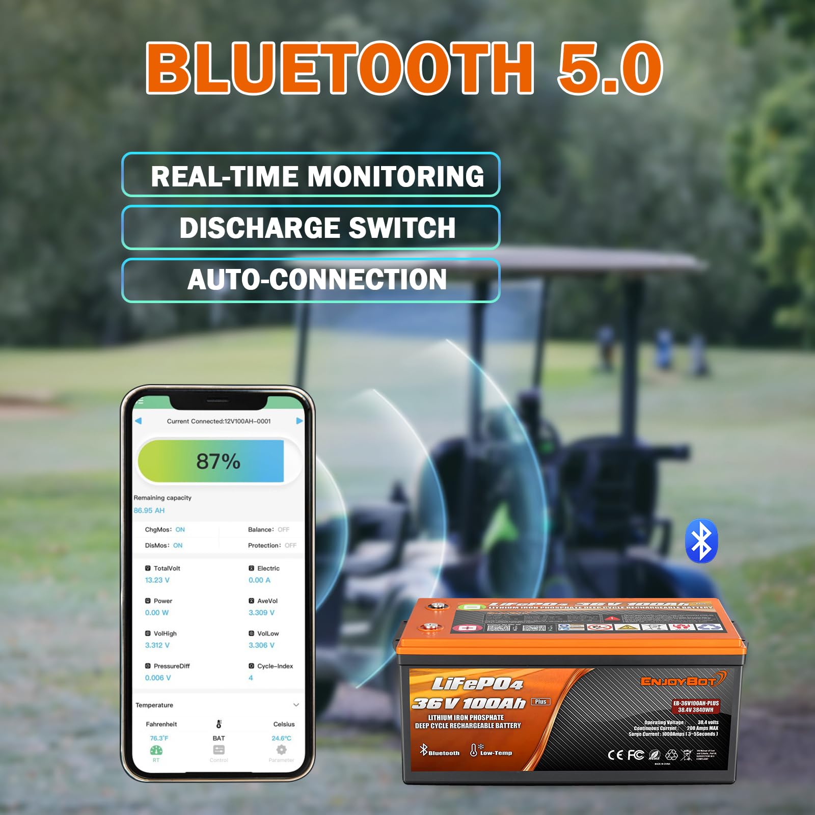 Enjoybot 36V 100Ah Plus Lifepo4 Lithium Battery With 43.8V 12A Charger, Built-In 200A Bms And Bluetooth, Support 2 Series Connec